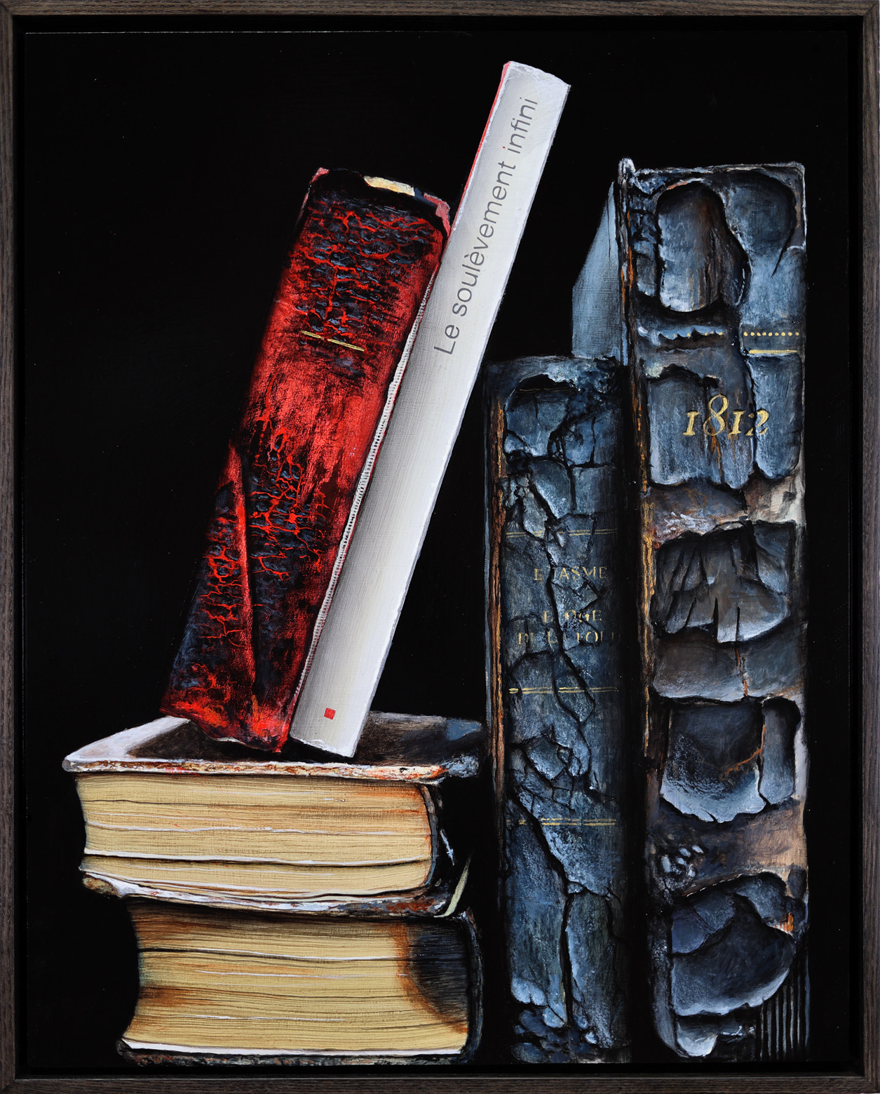 A painting of a stack of books on top of each other.