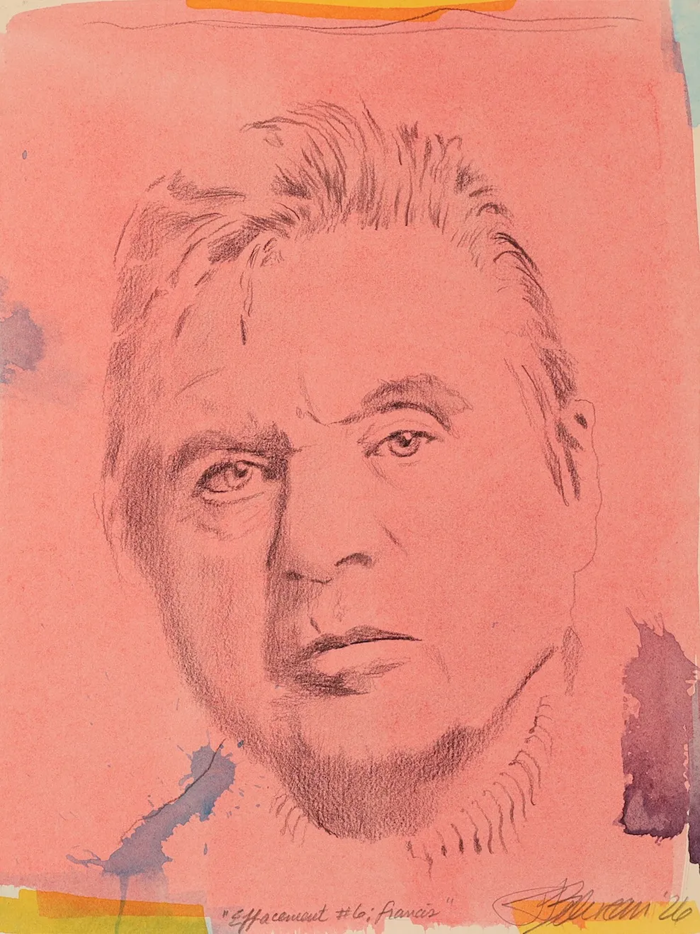 A drawing of a man's face on a pink background.
