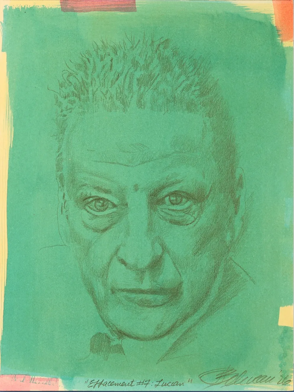 A drawing of a man with short hair and a bow tie.