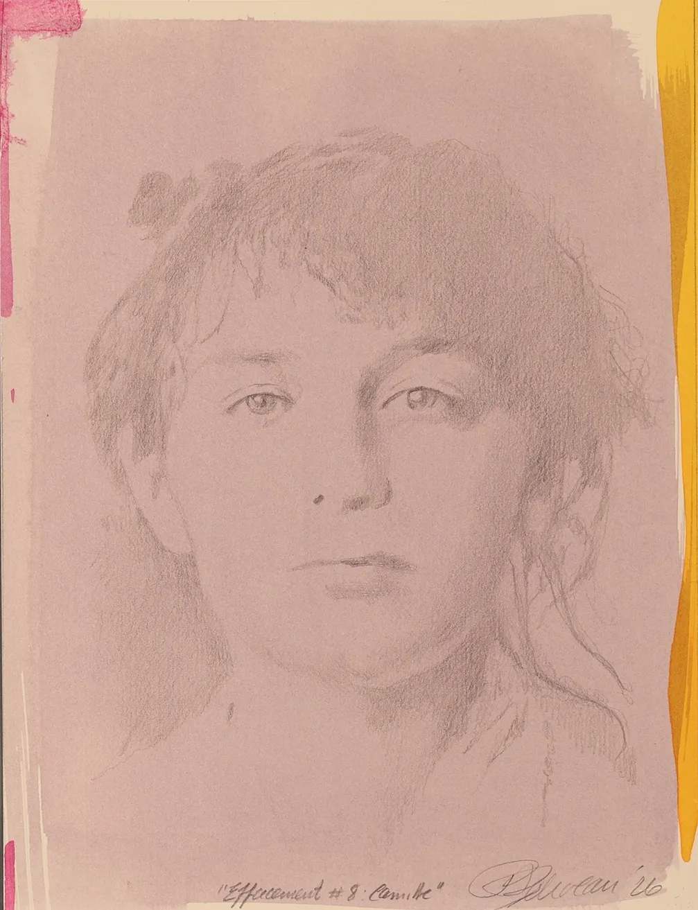 A drawing of a young girl with long hair.