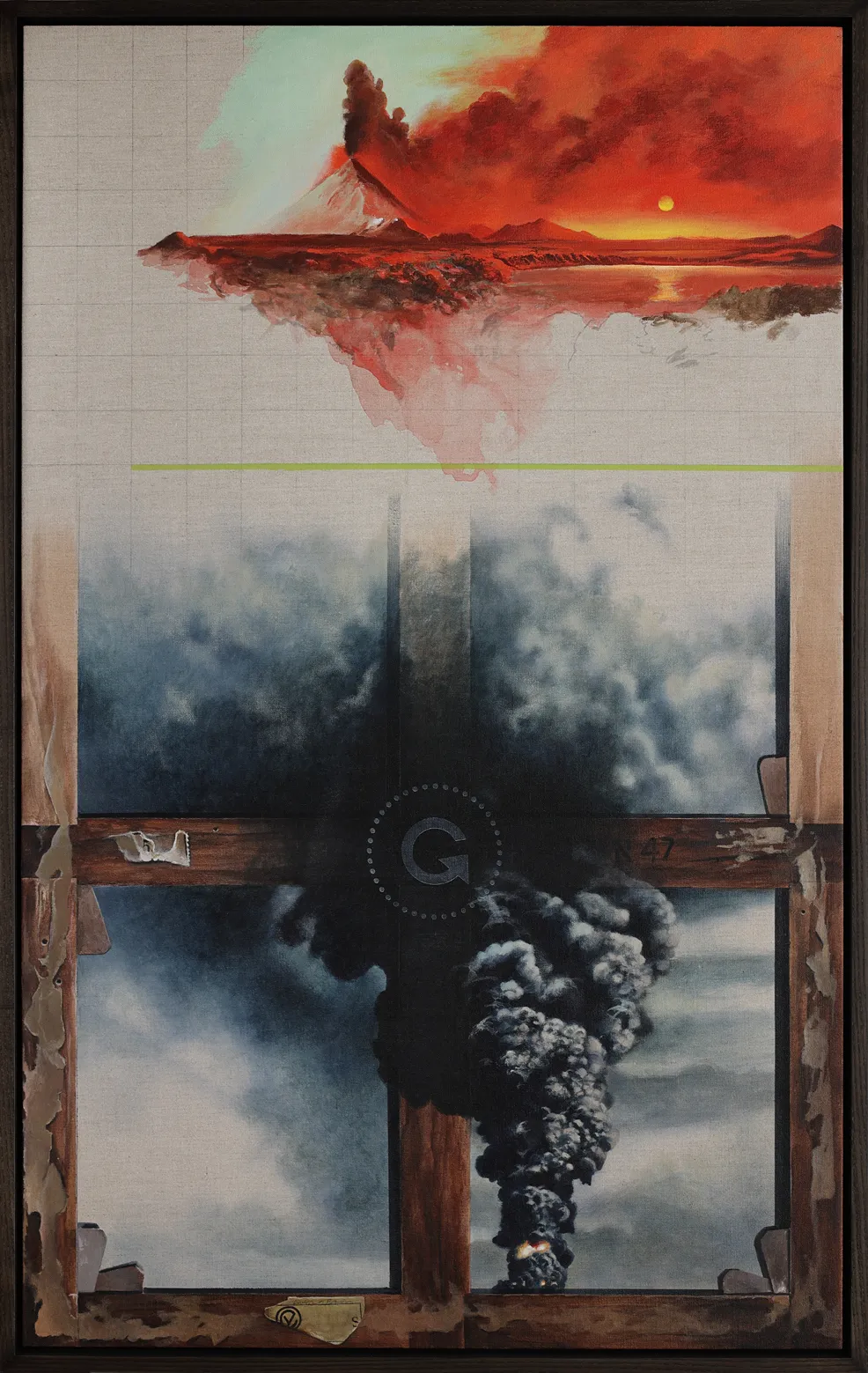 A surreal diptych contrasting a vibrant volcanic landscape with a smoky, industrial interior.