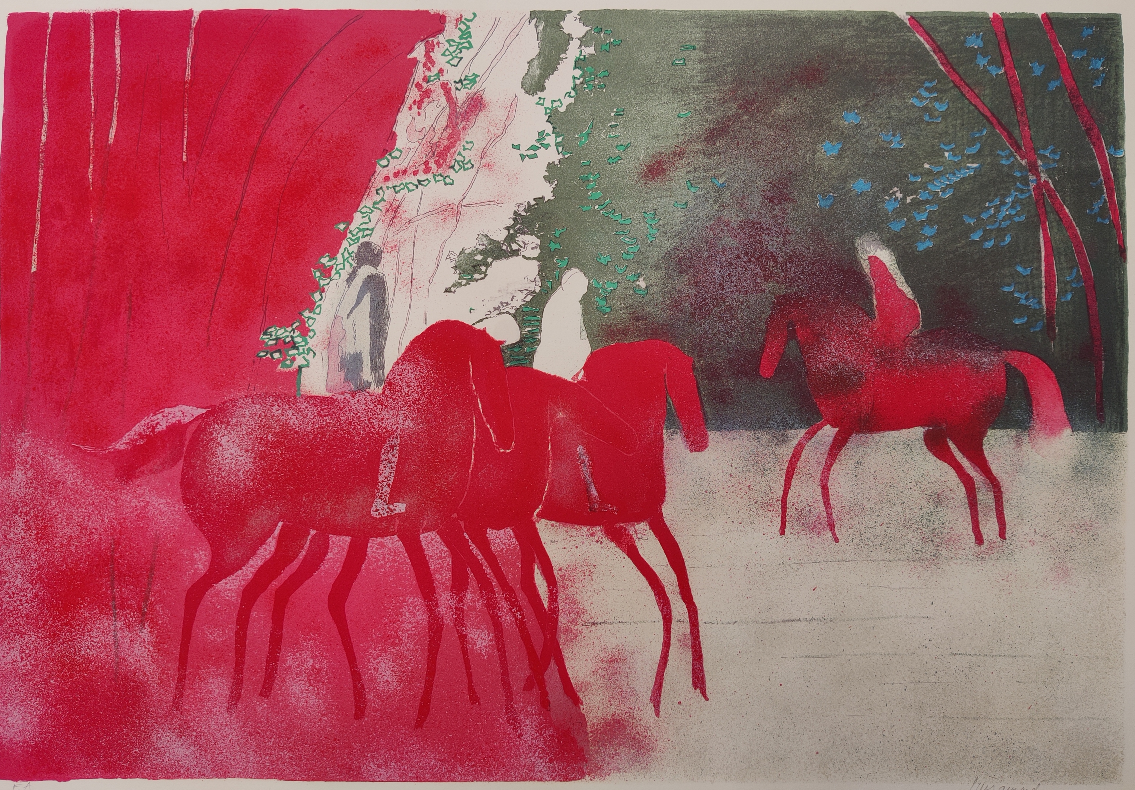 A red and green print of three horses in a forest.