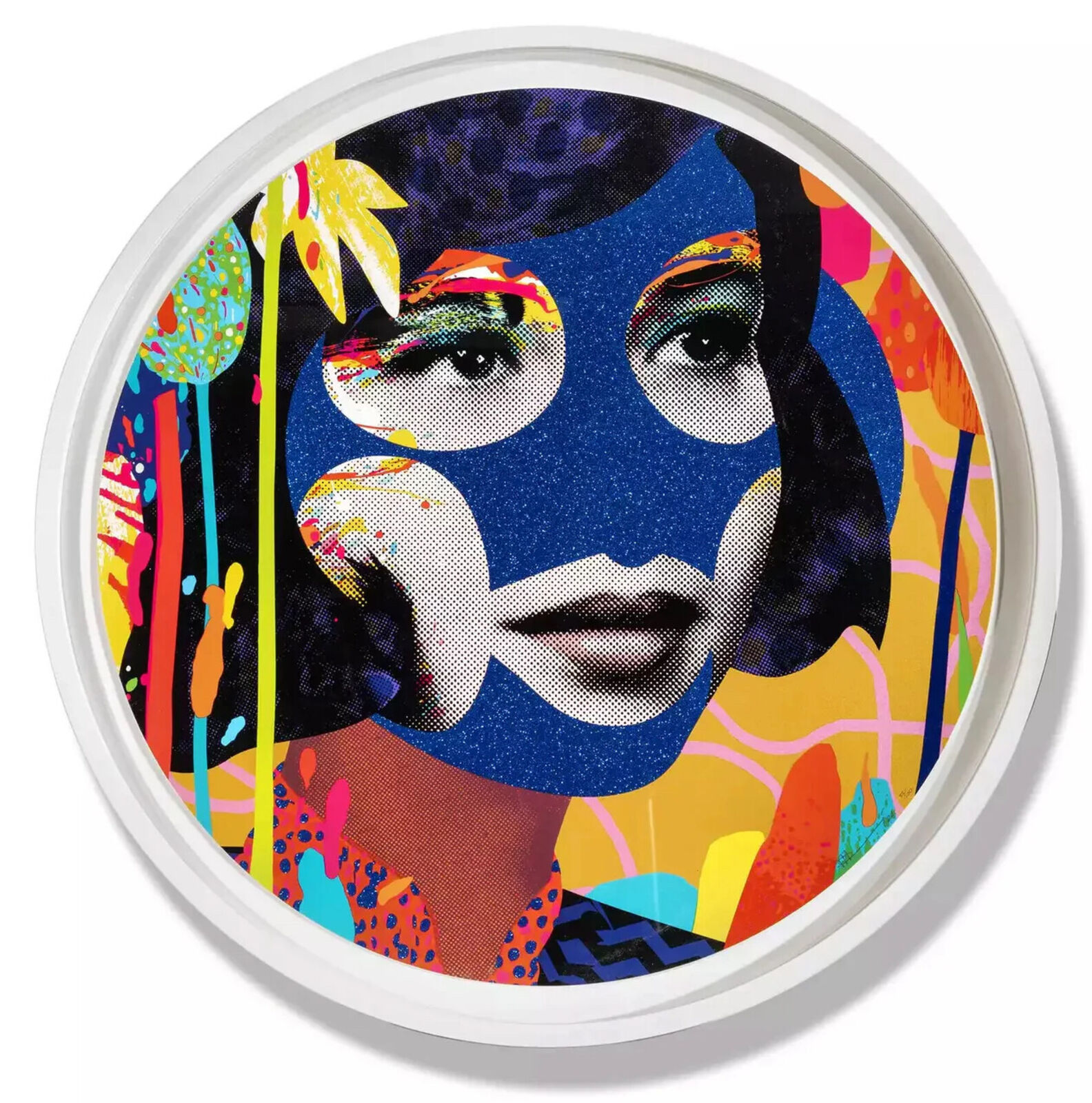 A picture of a woman's face on a colorful background.