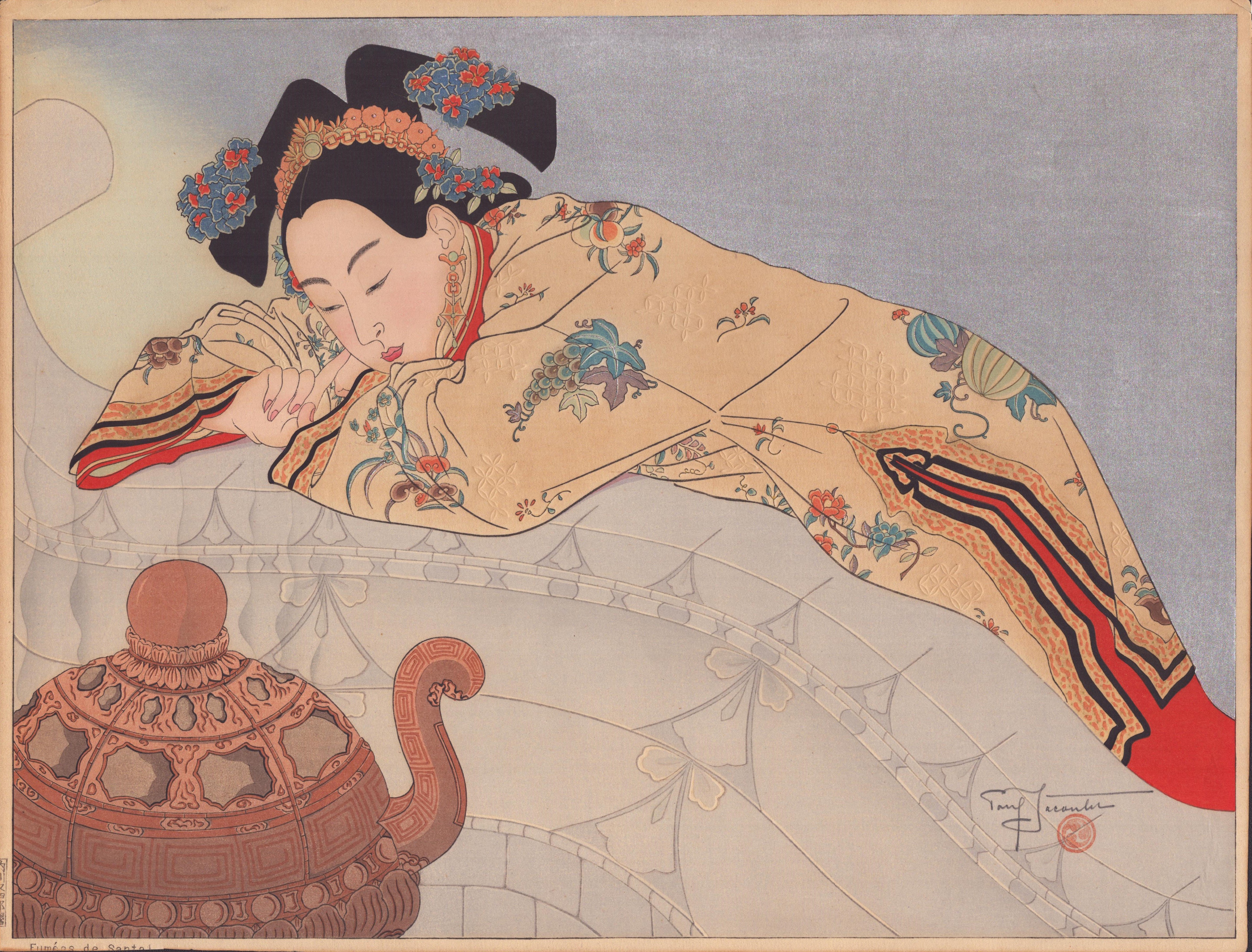 A painting of a woman in a kimono laying on a bed.
