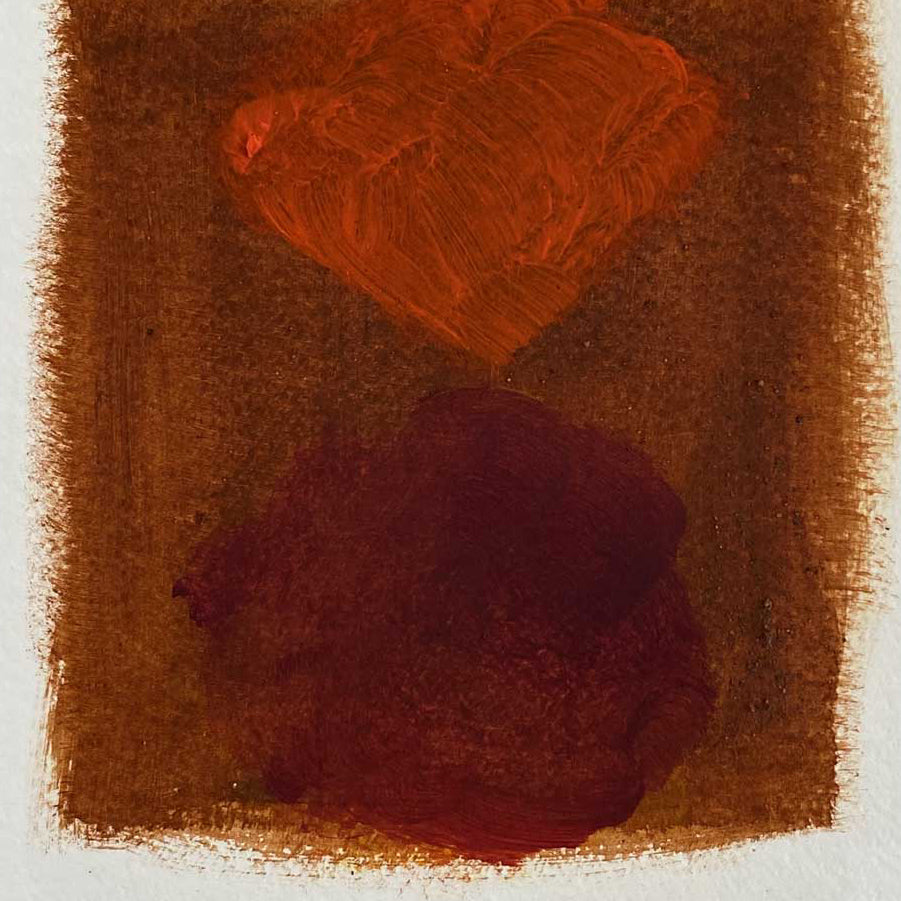A painting of a red heart on a brown background.