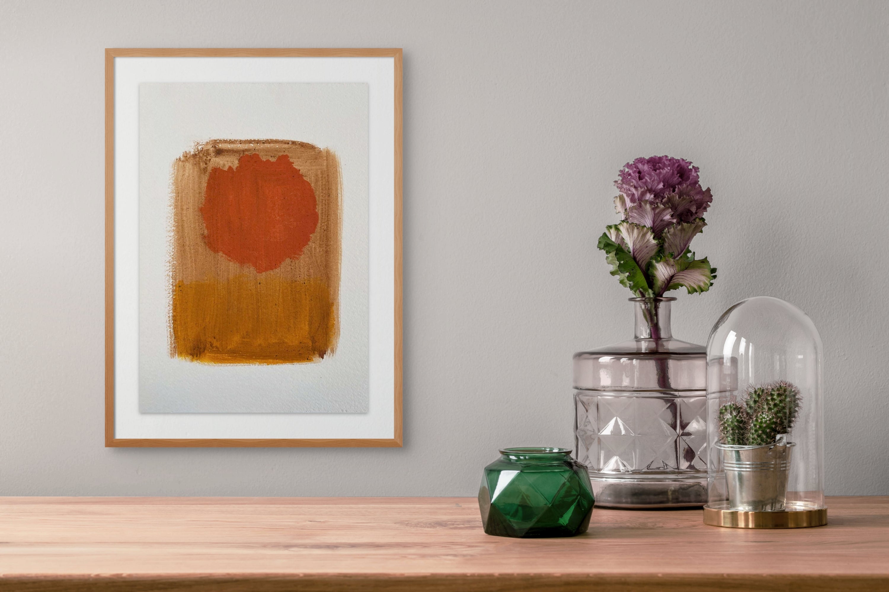 A painting with a red circle on a white background.