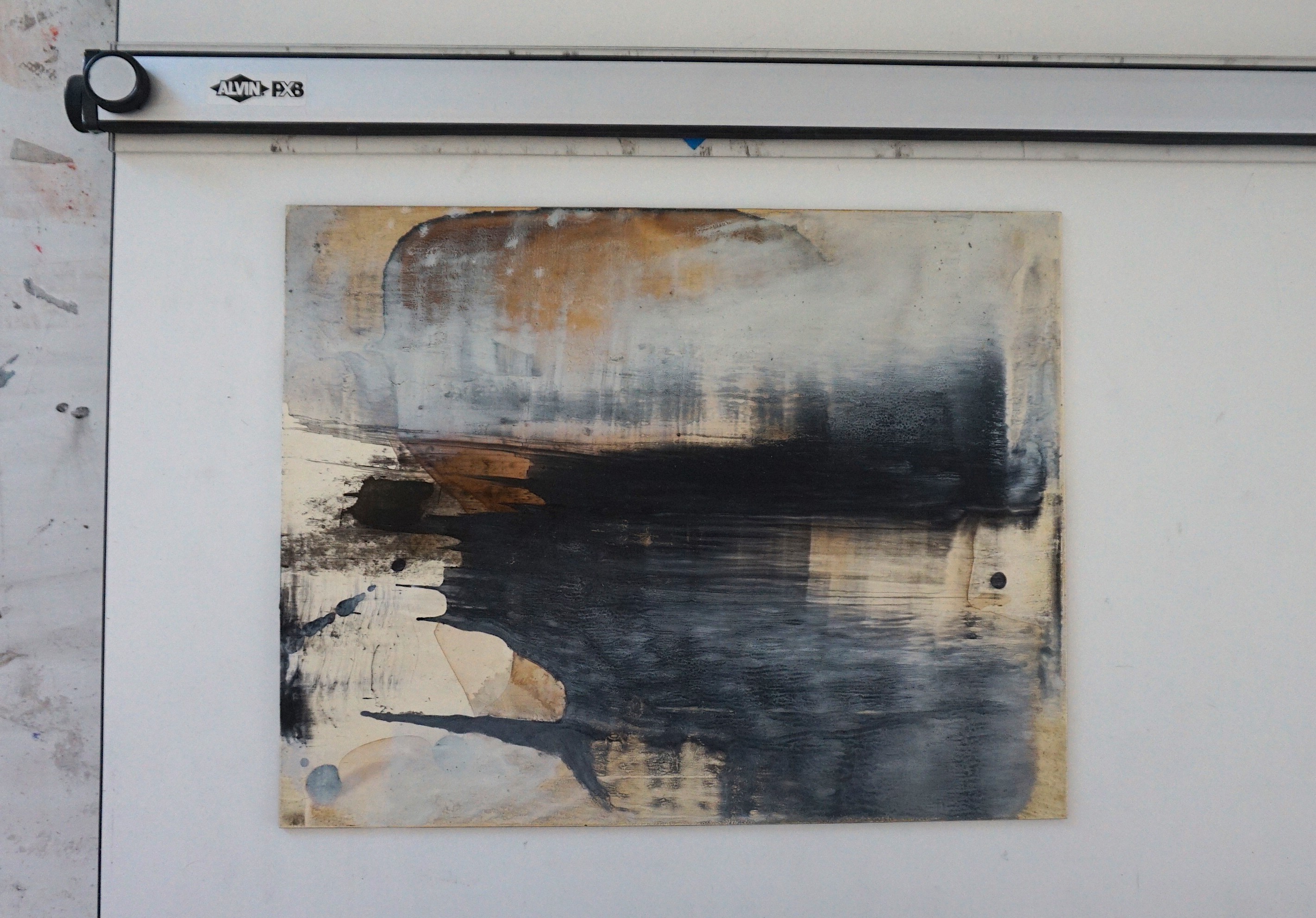 An abstract composition of dark and light textured areas with organic shapes.