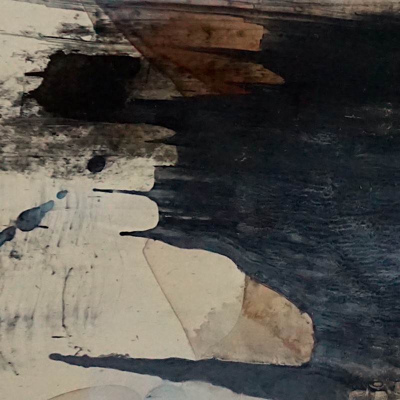An abstract composition of dark and light textured areas with organic shapes.