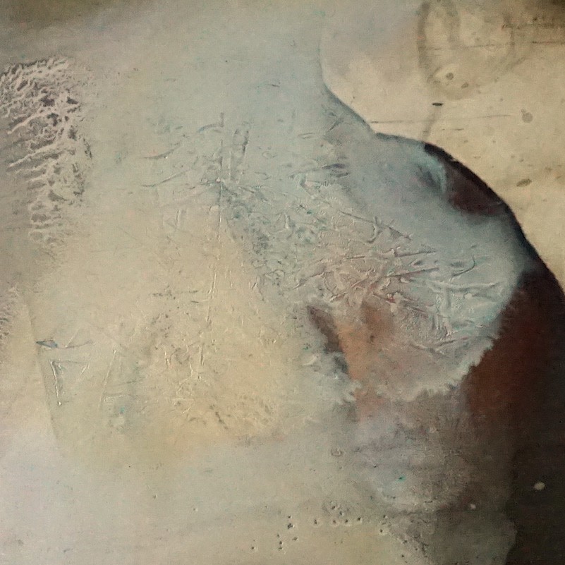 An abstract composition featuring a dark, organic shape emerging from a textured, pale background.