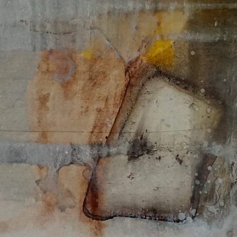 An abstract composition featuring a stylized bottle shape against a mottled, textured background.