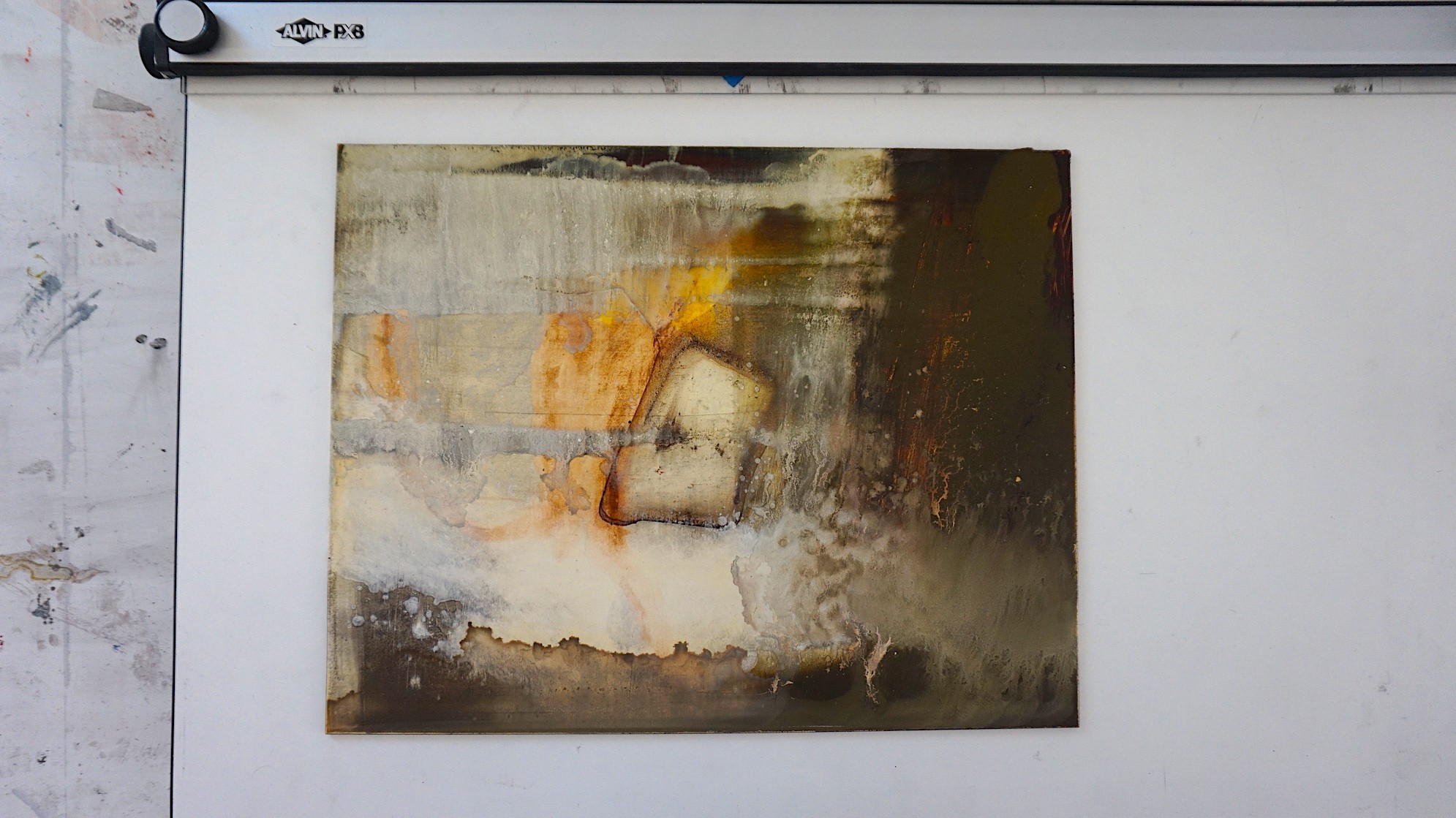An abstract composition featuring a stylized bottle shape against a mottled, textured background.