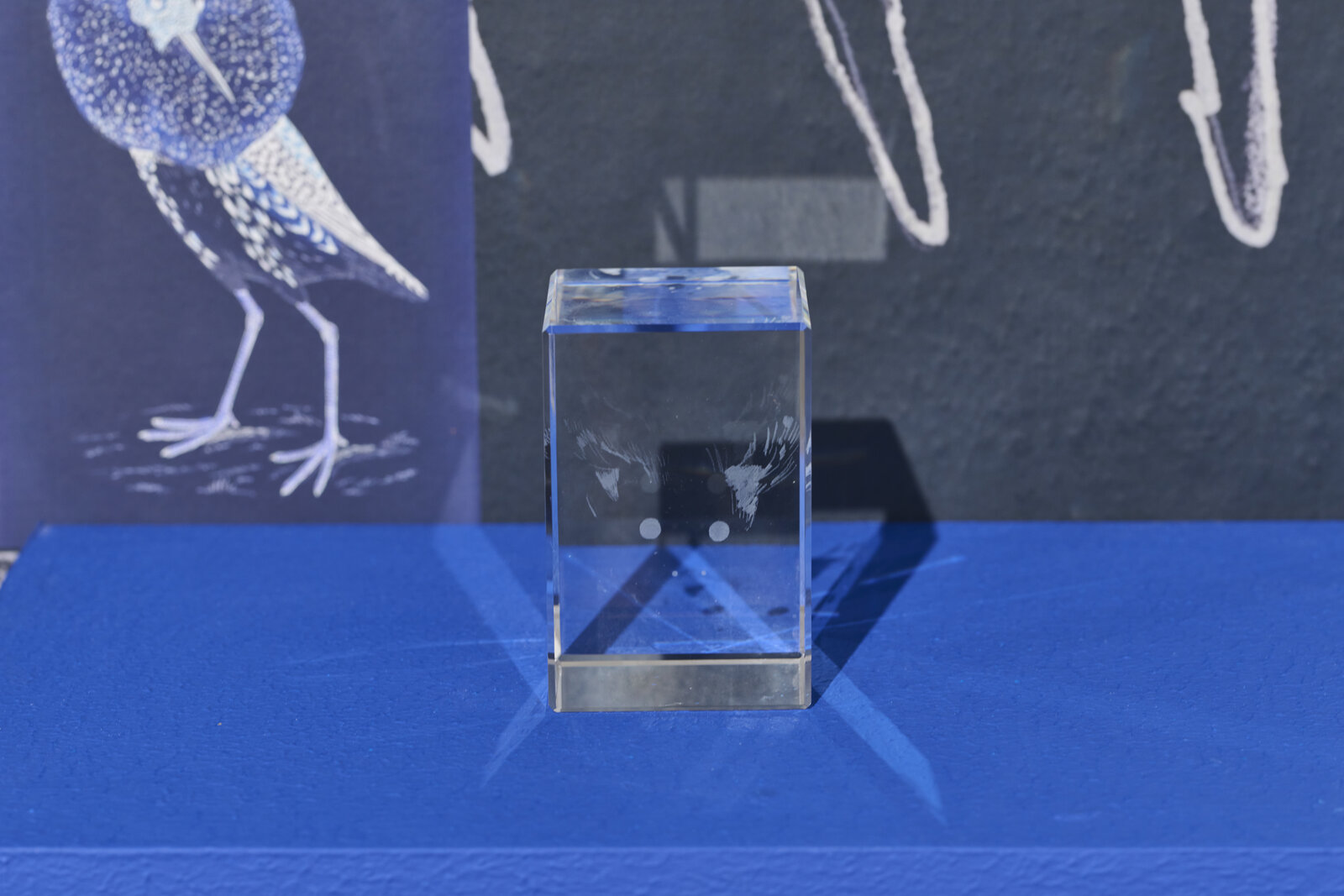 Artwork by Paul Maheke, Redreaming the Dream II, Made of Digital print on paper, paint, wood, 3D laser etched drawing in acrylic glass 