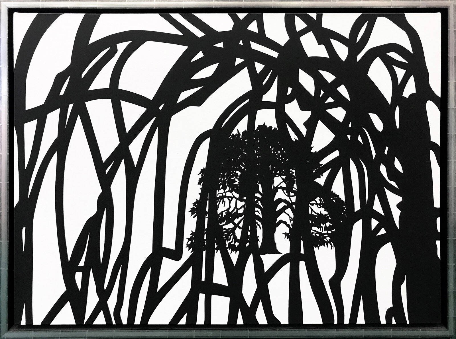 A black and white drawing of a tree in the woods.