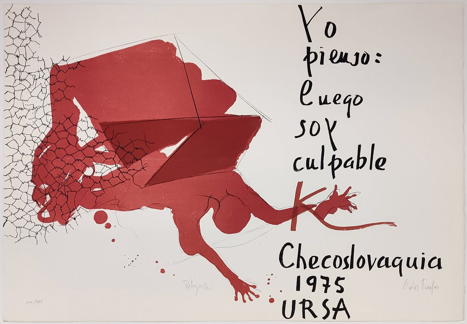 A red and white poster with a drawing of a woman laying on the ground.