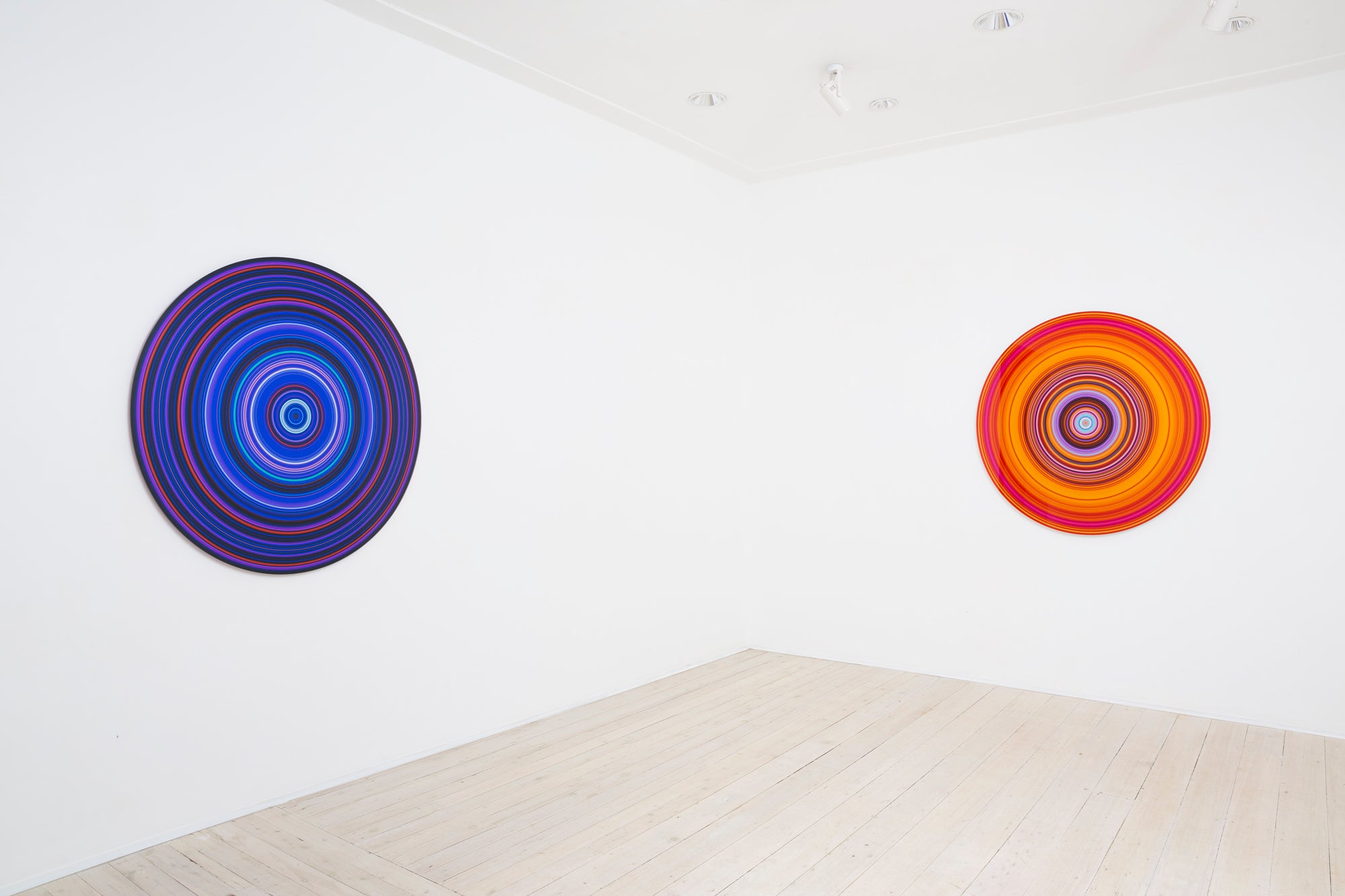 A circle with a blue and purple striped pattern on it.