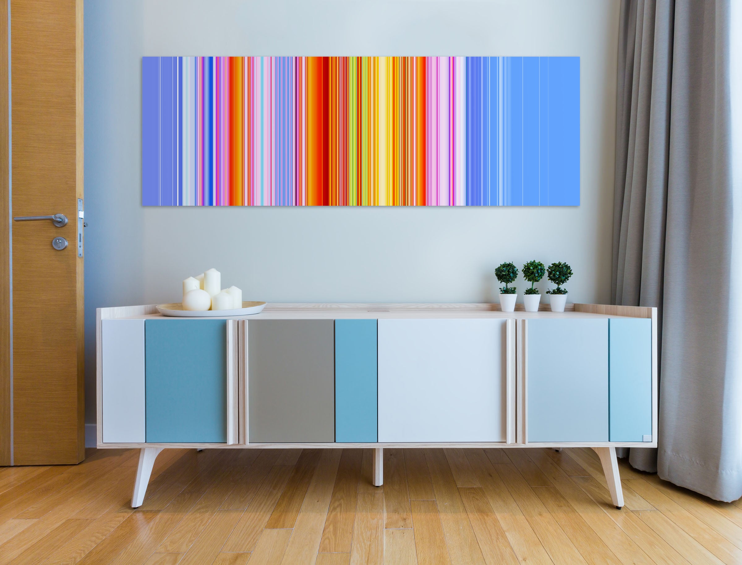 A colorful striped pattern on a blue background.