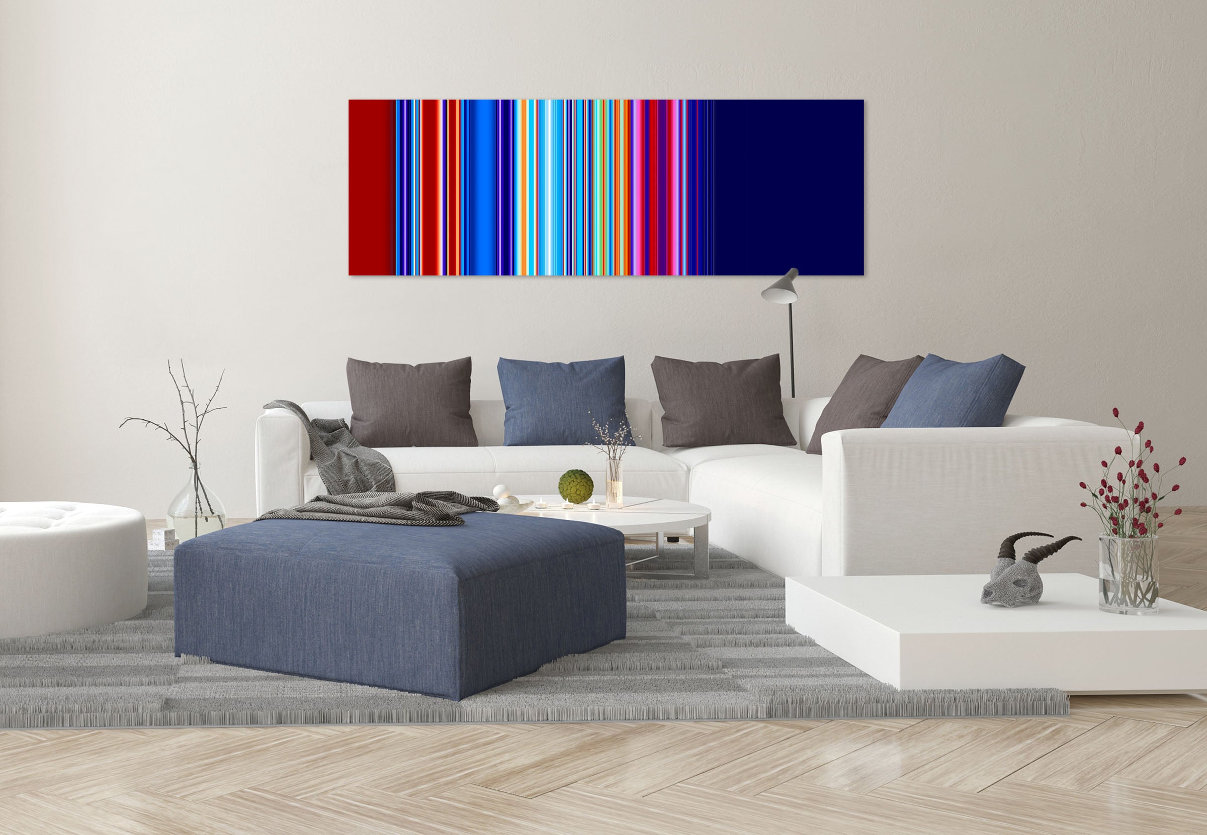 A blue and red striped background with a white border.