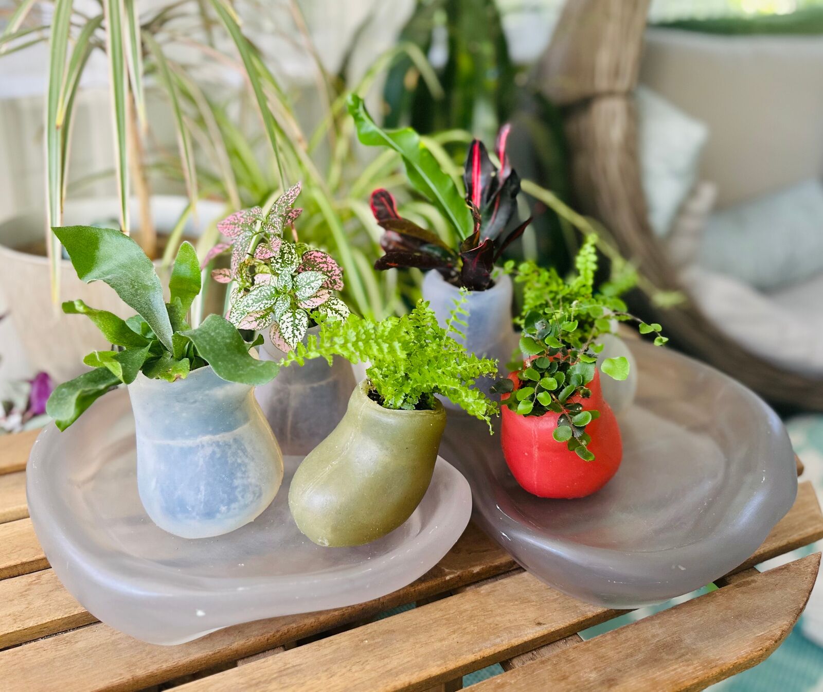 Artwork by Paula Hayes, Six mini silicone planters and two trays, Made of Planters: Cast silicone, Trays: Cast resin 