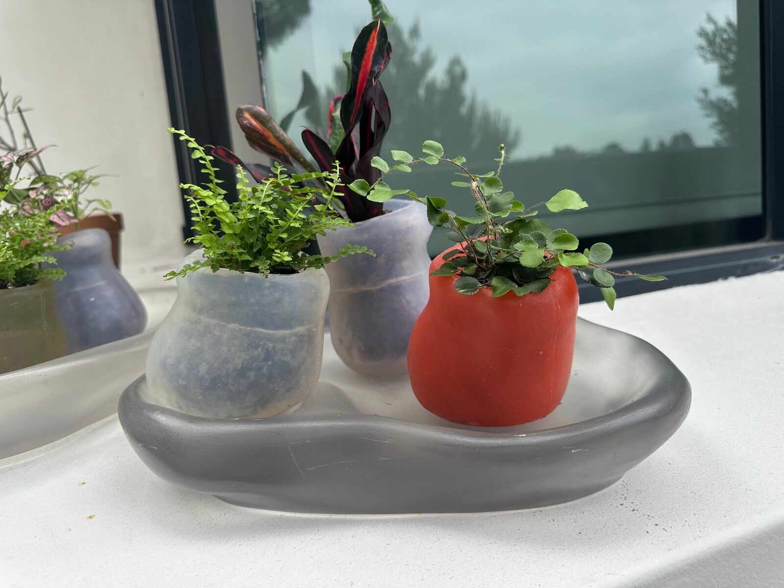 Artwork by Paula Hayes, Six mini silicone planters and two trays, Made of Planters: Cast silicone, Trays: Cast resin 