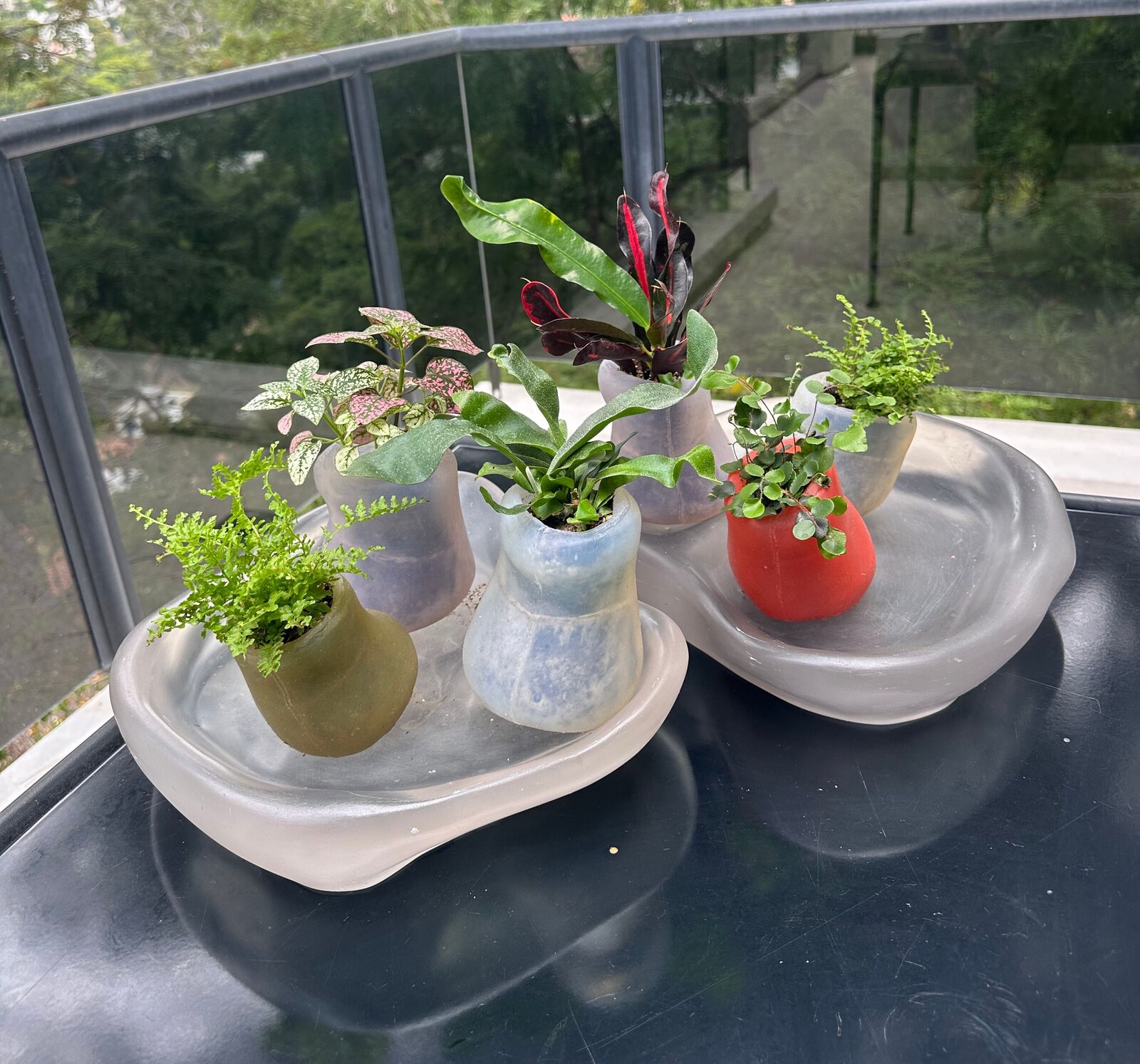 Artwork by Paula Hayes, Six mini silicone planters and two trays, Made of Planters: Cast silicone, Trays: Cast resin 