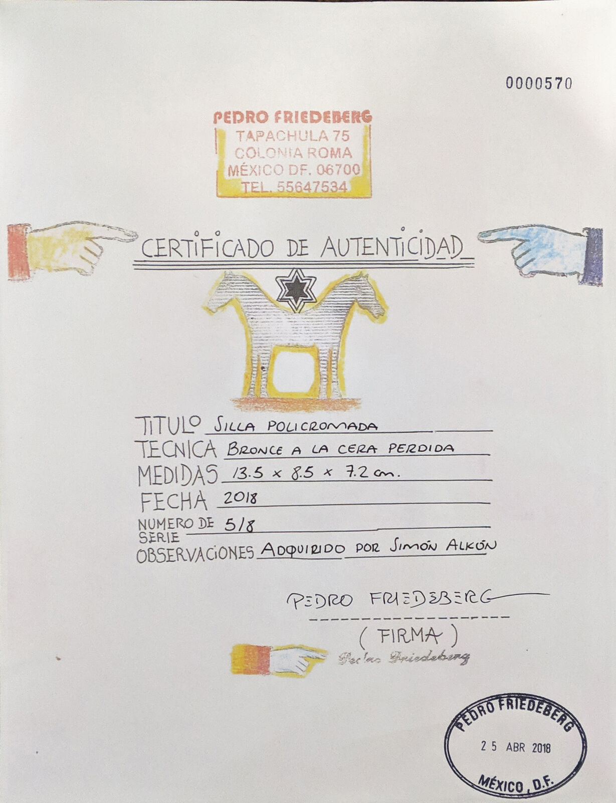 Artwork by Pedro Friedeberg, SILLA POLICROMADA, Made of Bronze 