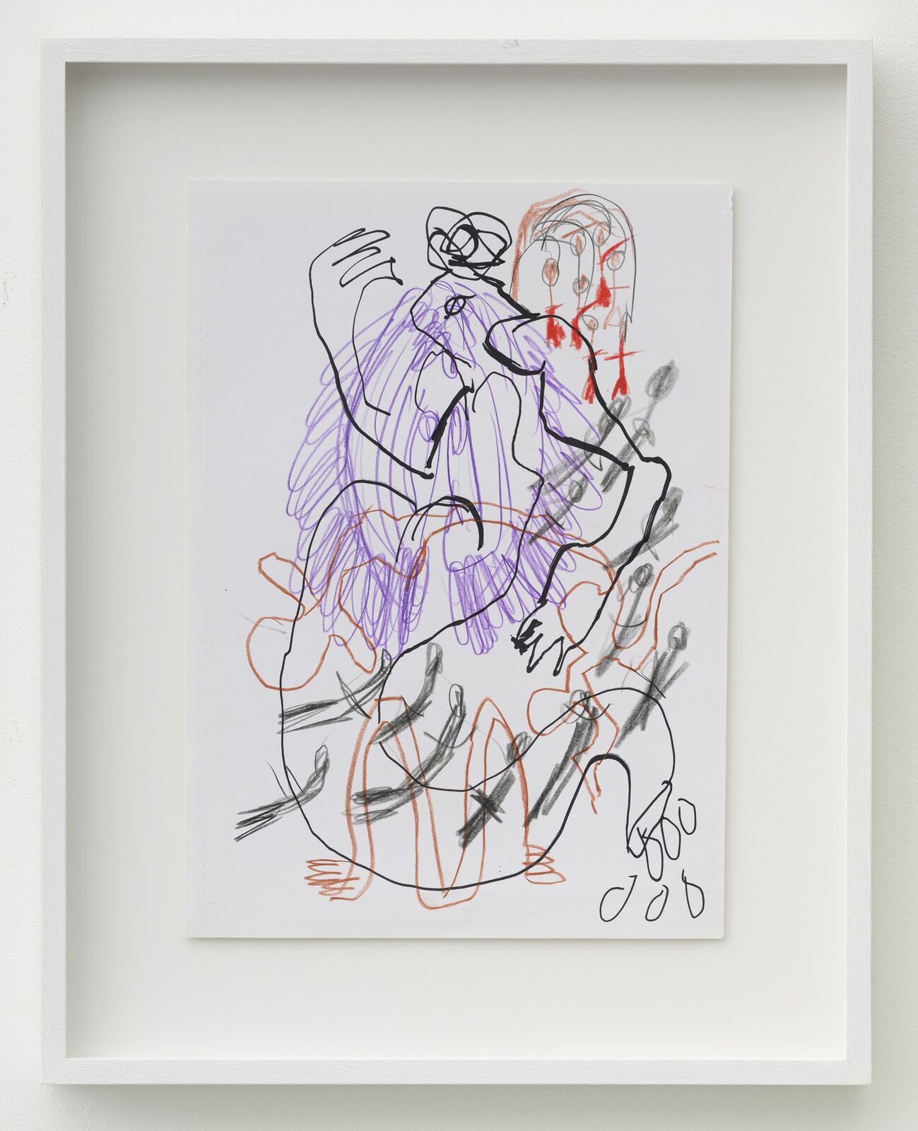 A drawing of a woman sitting on a chair in a white frame.