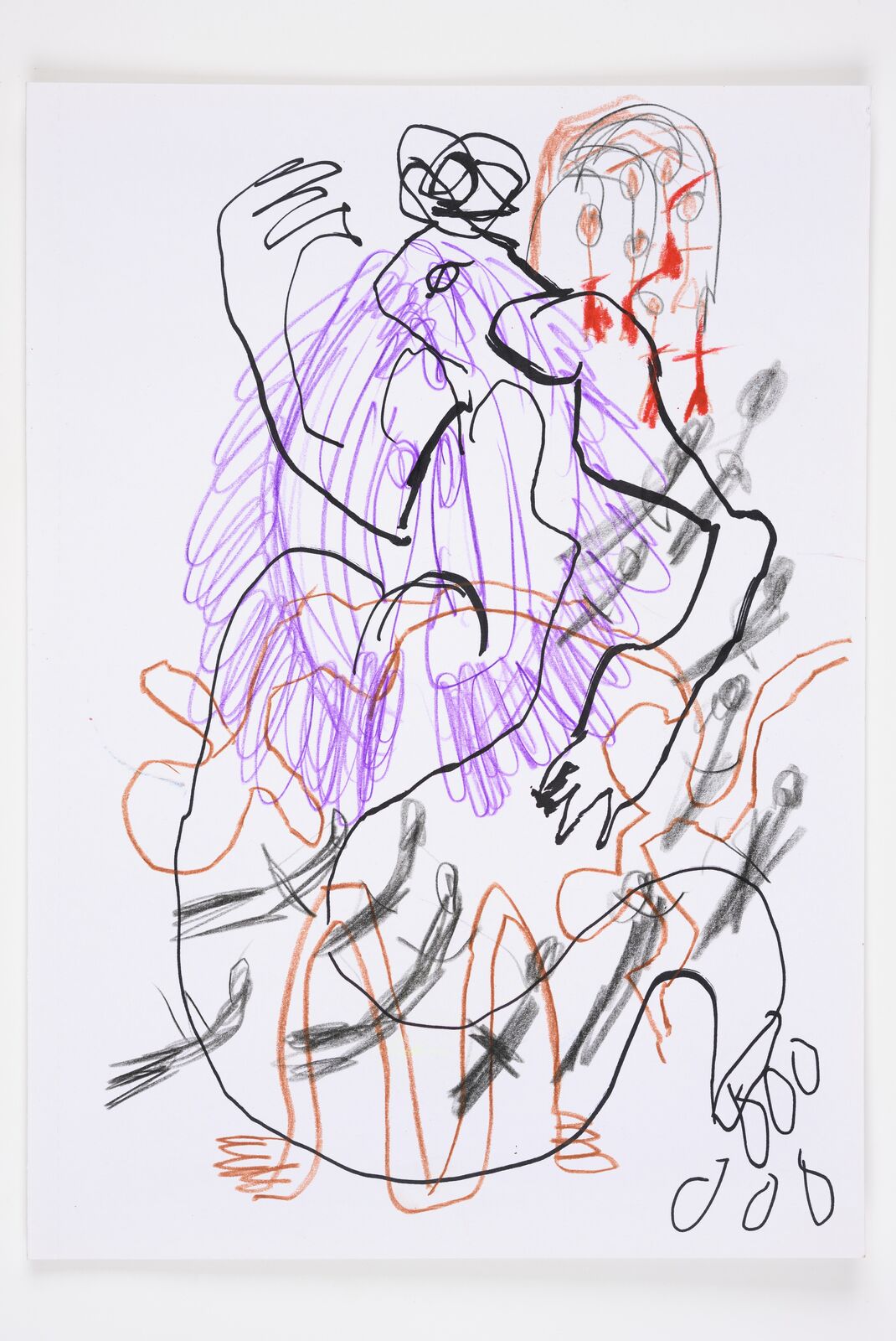 A drawing of a woman sitting on a chair in a white frame.