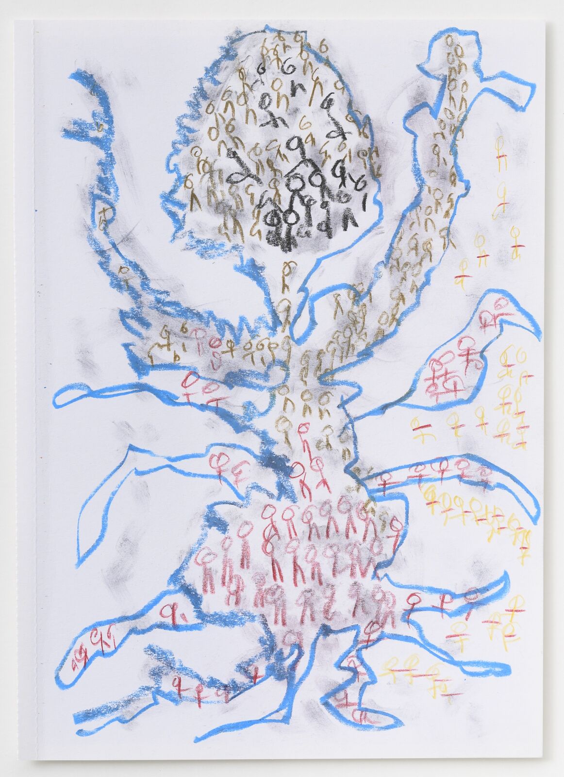 A drawing of a spider in a white frame on a wall.