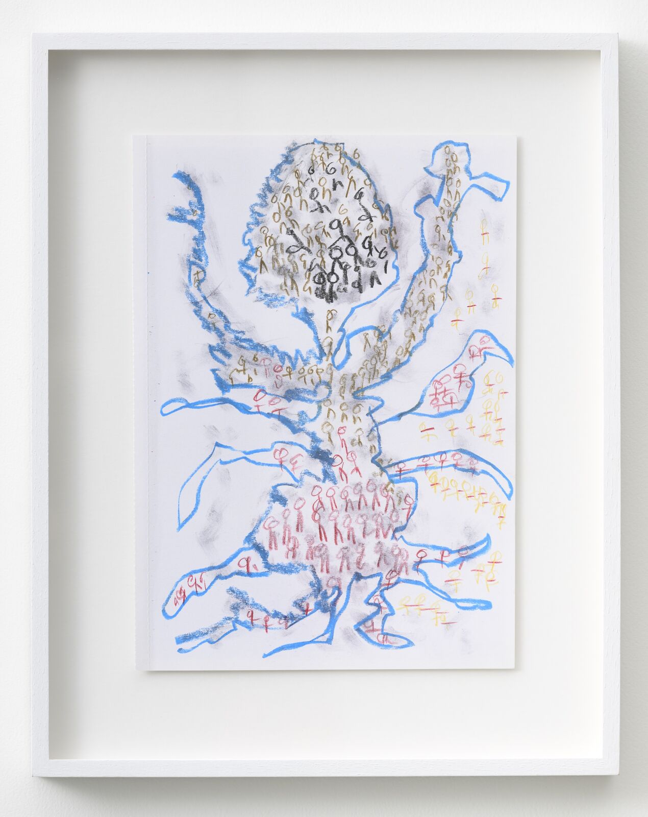 A drawing of a spider in a white frame on a wall.
