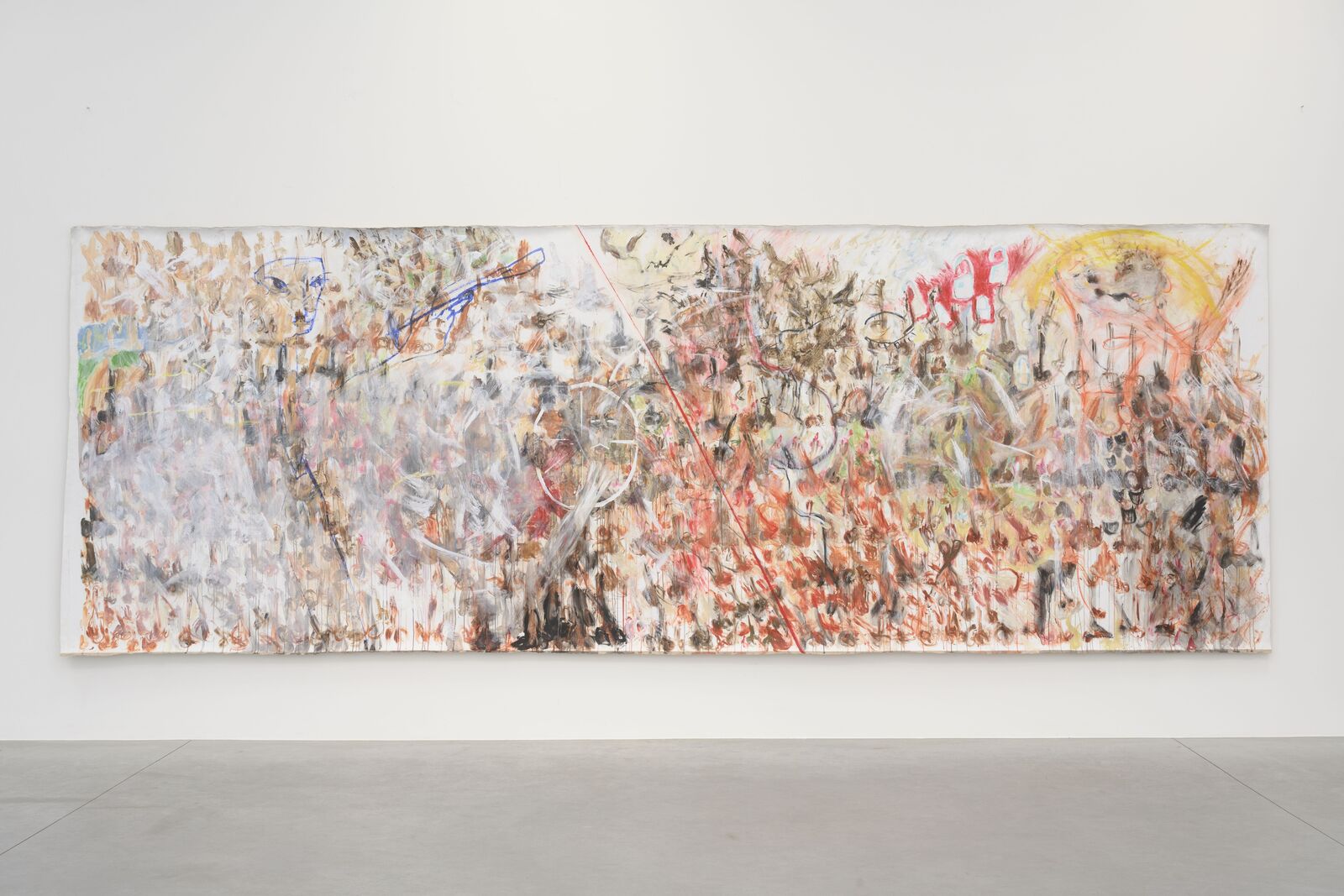 A large painting hanging on a wall in an empty room.