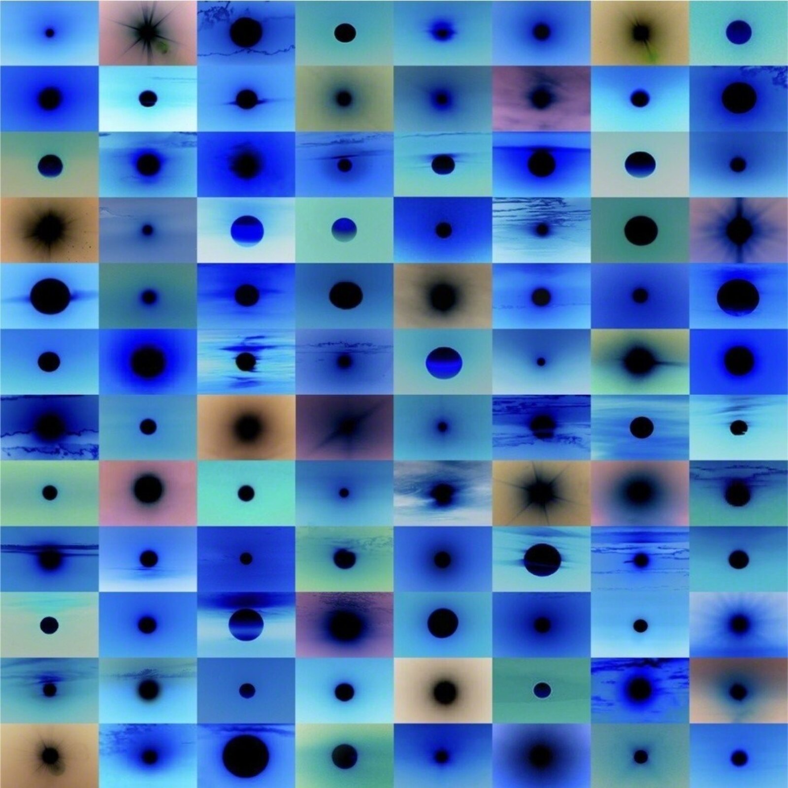 A grid of abstract circular forms in varying shades of blue, black, and beige.