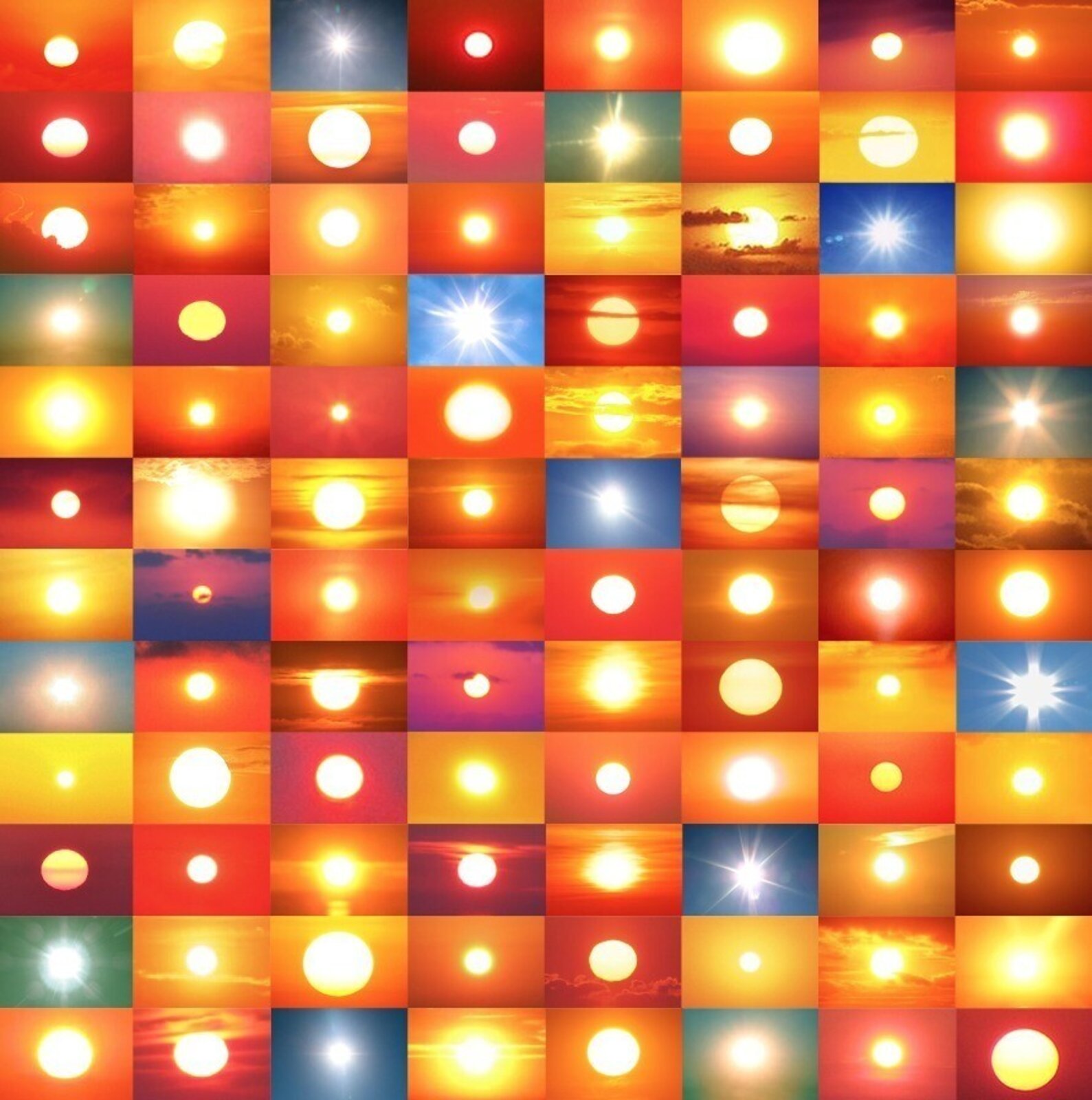 A grid of suns in a vibrant, warm-toned collage.