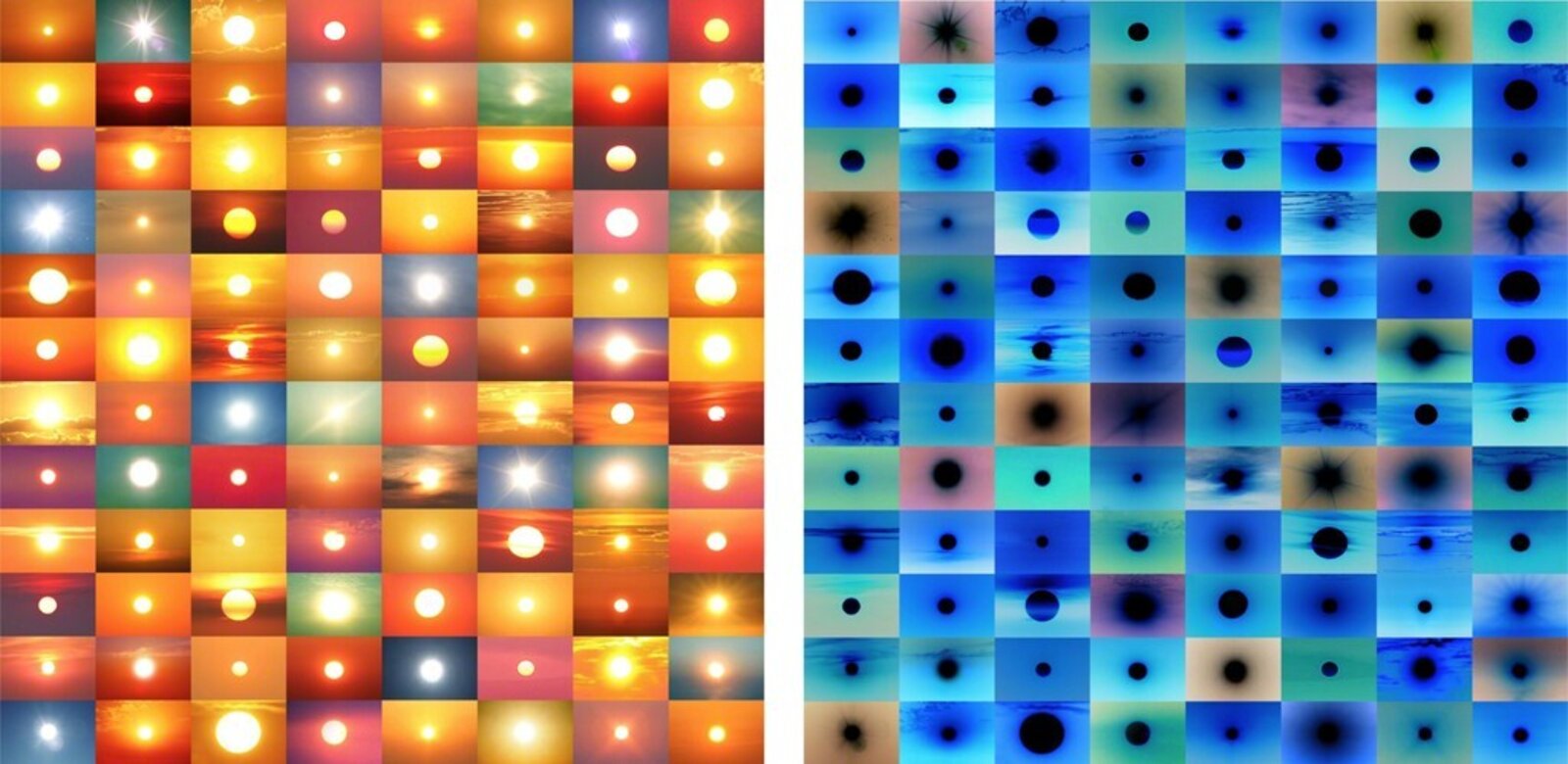 A grid of sun-like orbs in warm and cool tones.