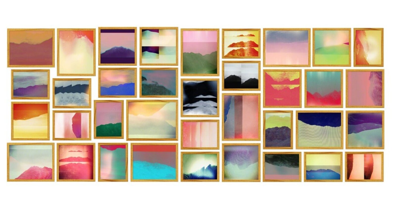 A colorful grid of framed abstract landscape paintings.