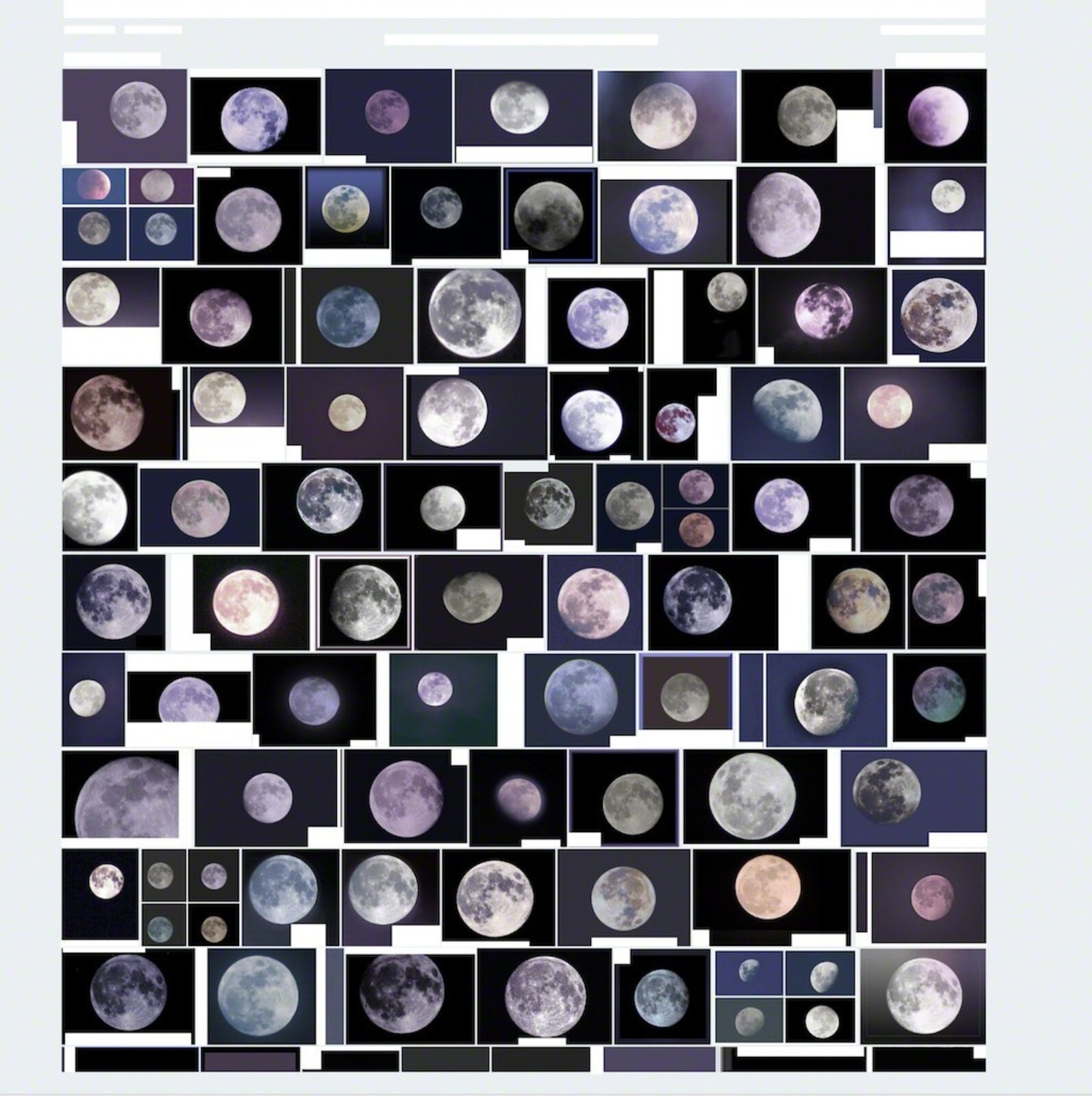 A grid of moon phases in various colors and sizes.