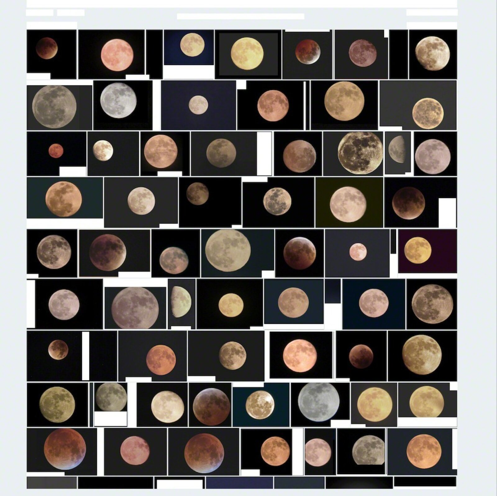 A grid of diverse moon phases and colors arranged in a mosaic.