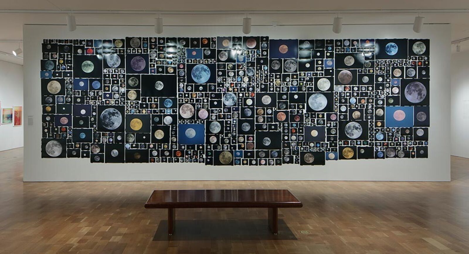 A mosaic of lunar phases and celestial bodies arranged in a dense grid.