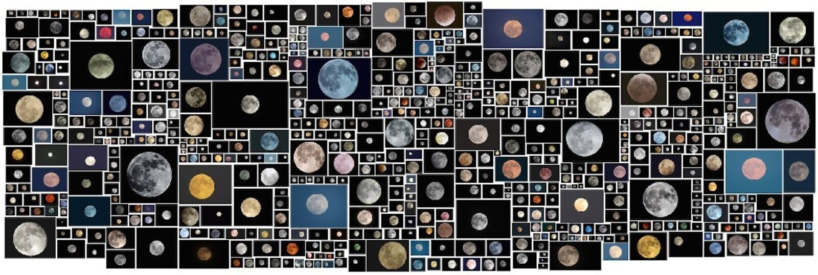 A mosaic of lunar phases and celestial bodies arranged in a dense grid.