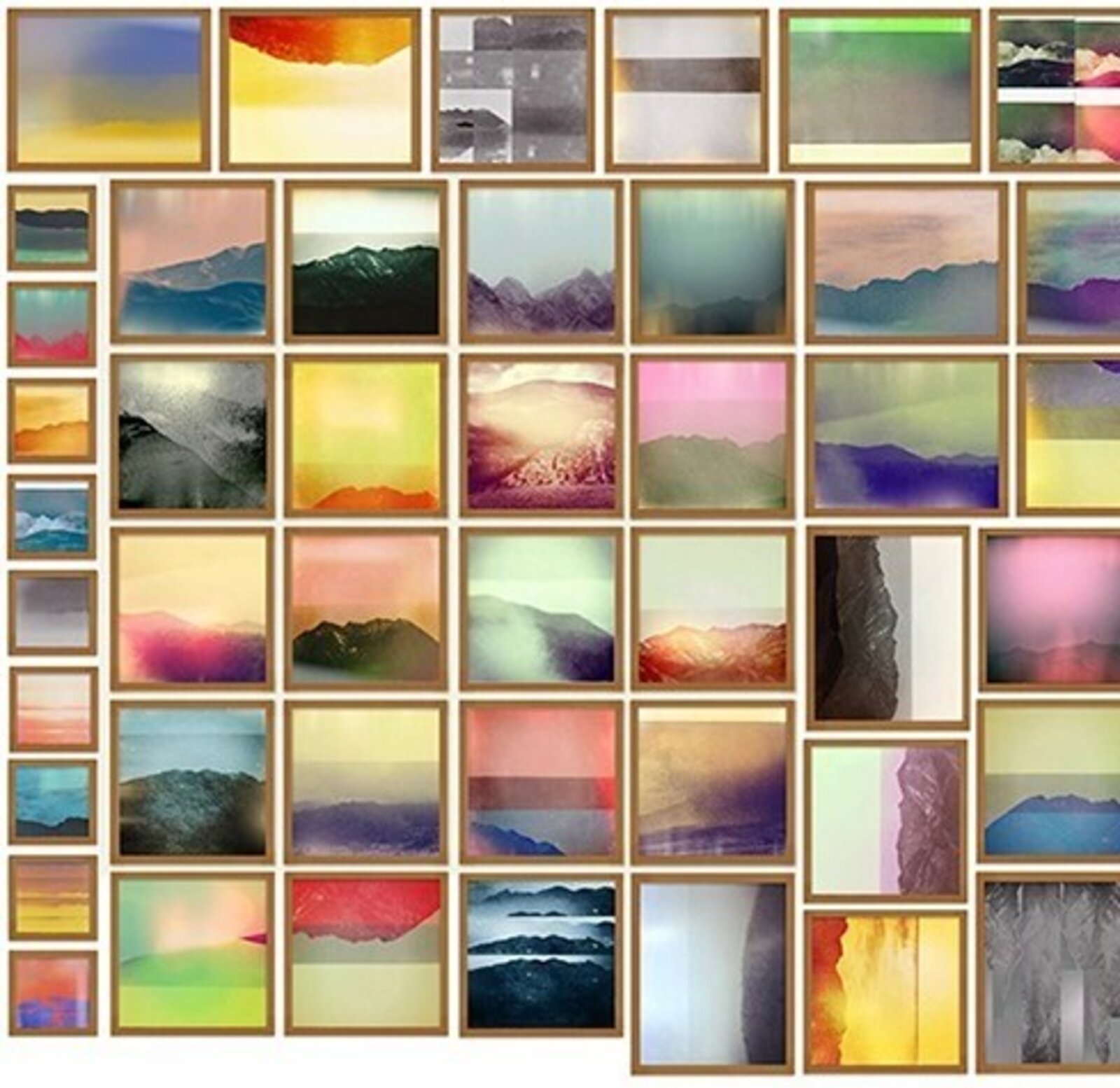 A vibrant collage of framed landscape and abstract images.