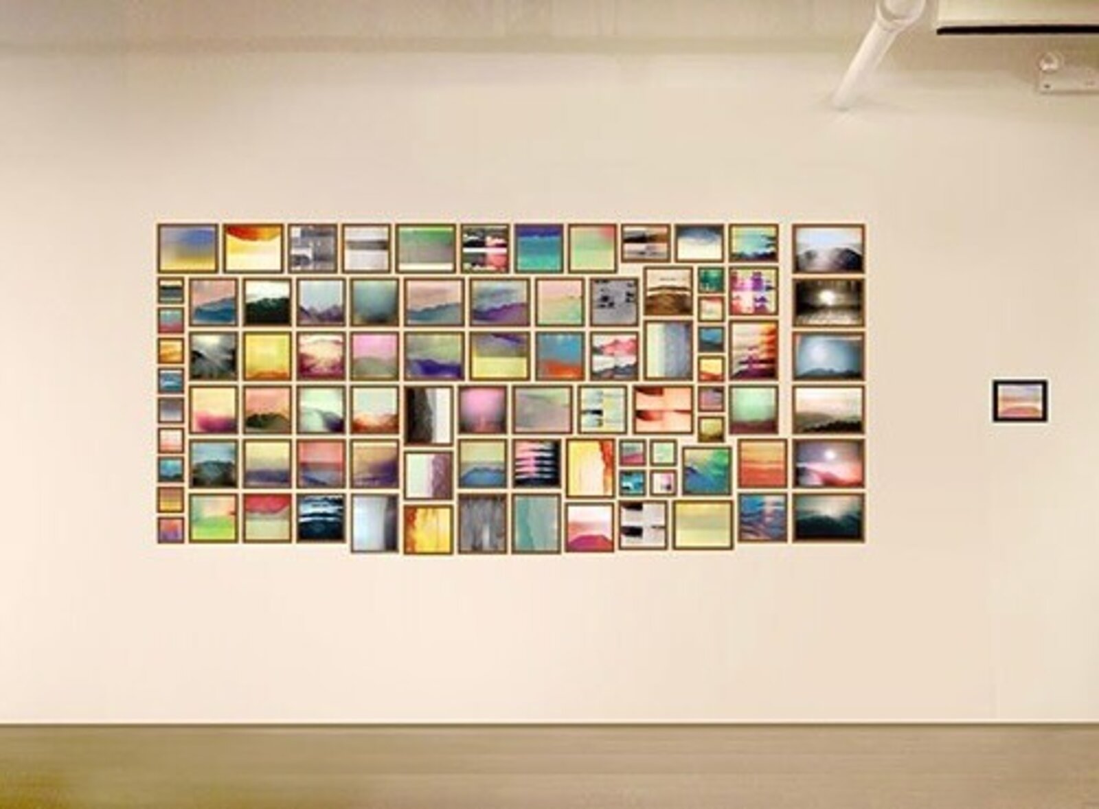 A vibrant collage of framed landscape and abstract images.