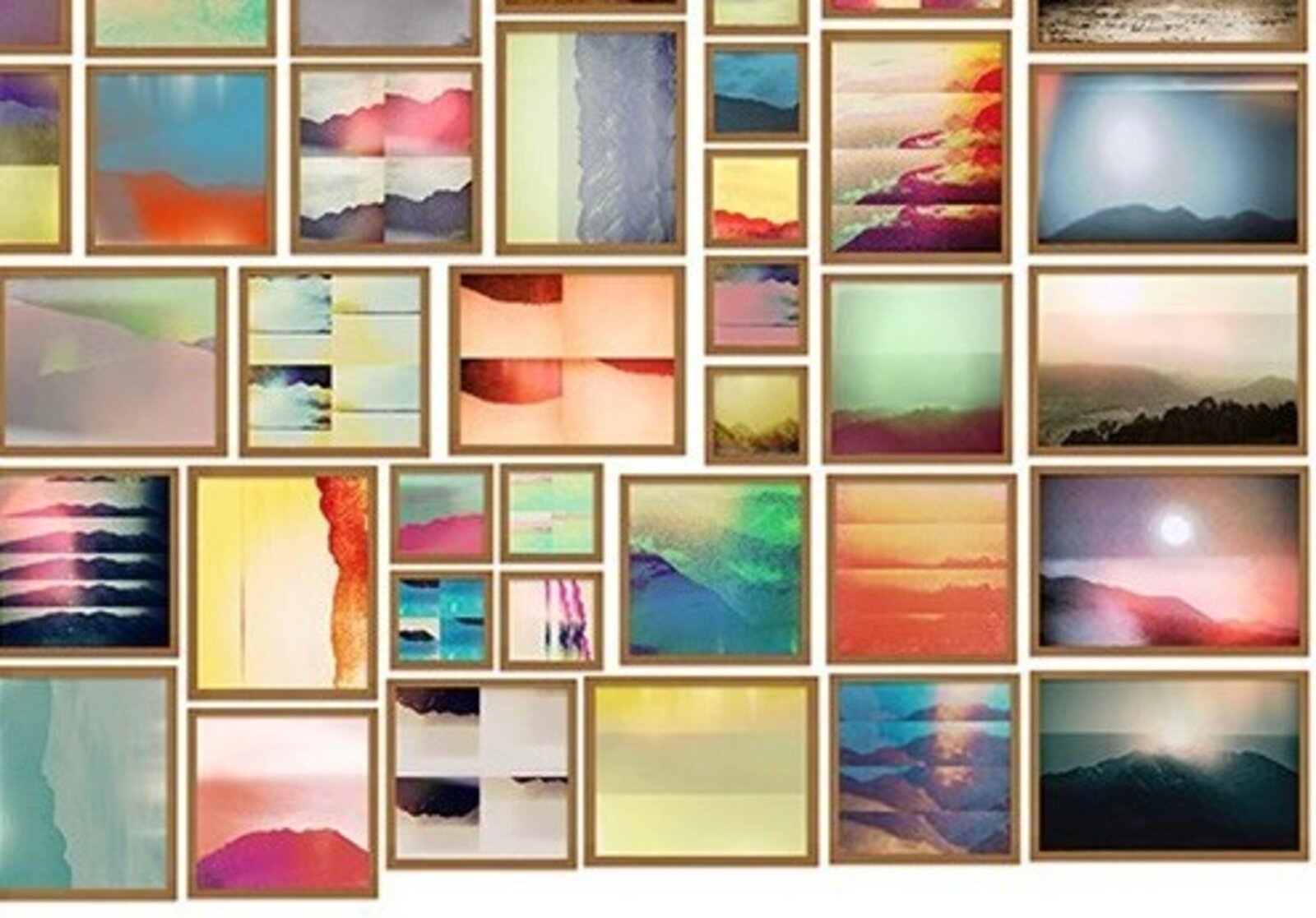 A vibrant collage of framed landscape and abstract images.