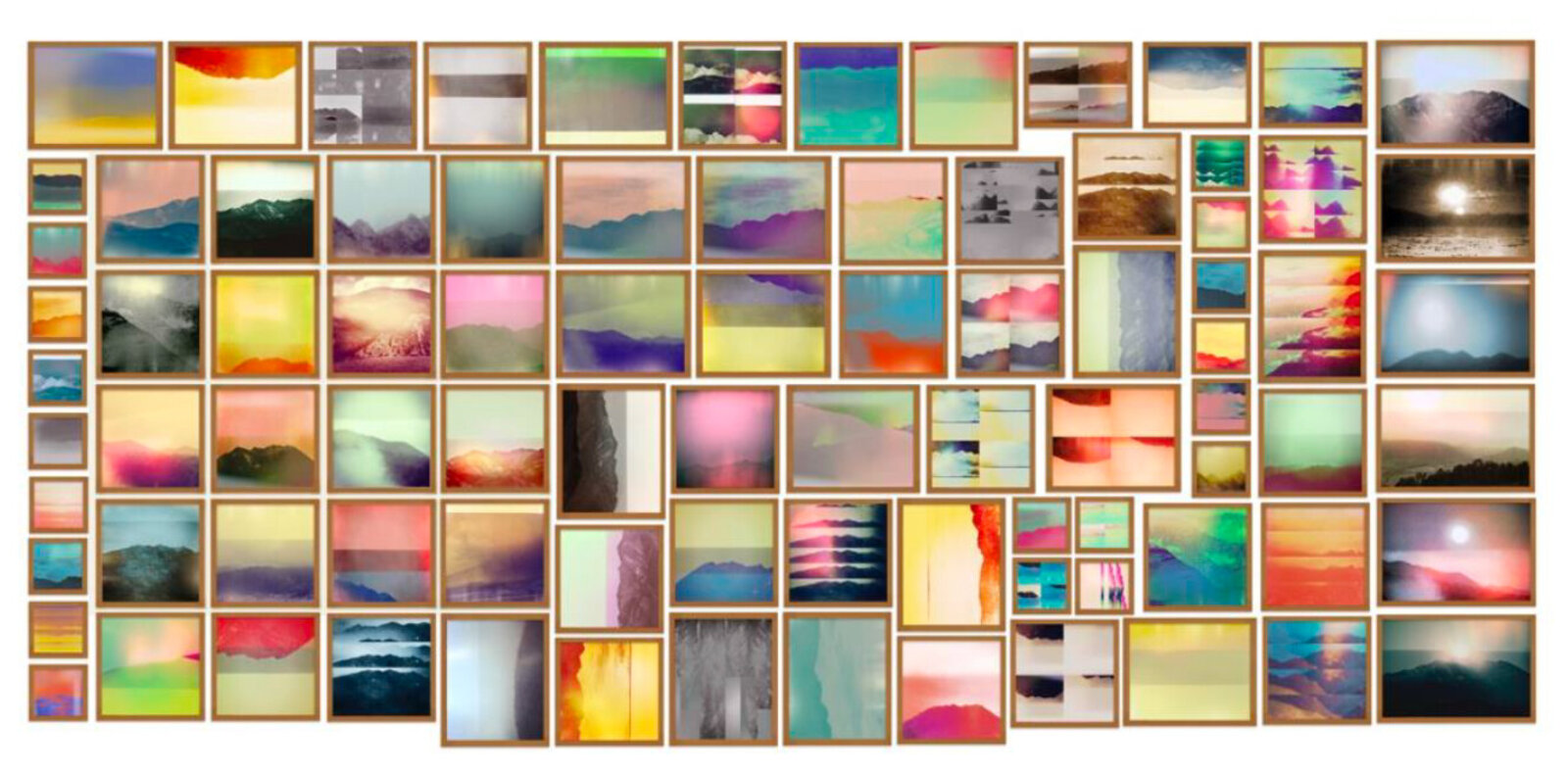 A vibrant collage of framed landscape and abstract images.