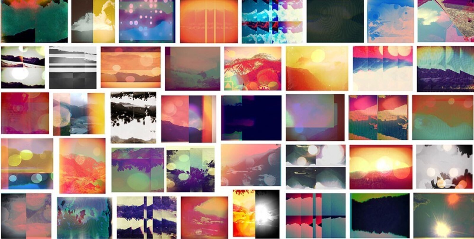 A vibrant collage of framed landscape and abstract images.