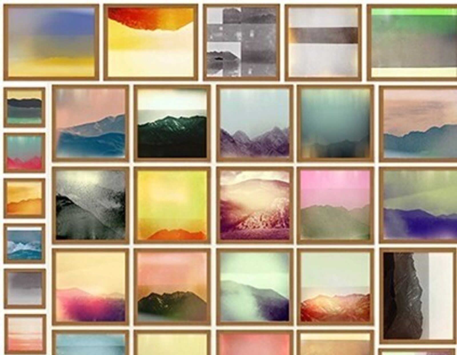 A vibrant collage of framed landscape and abstract images.