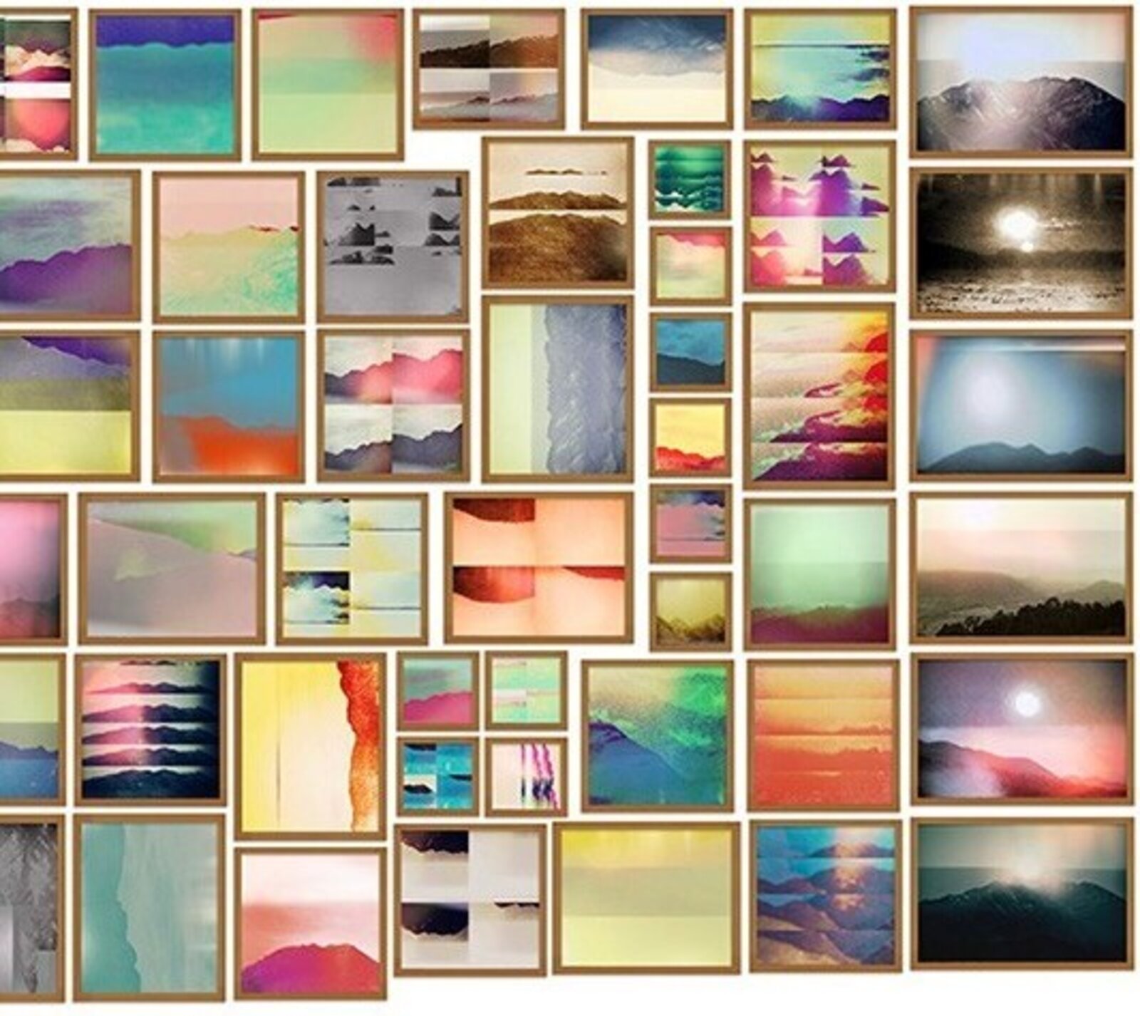 A vibrant collage of framed landscape and abstract images.