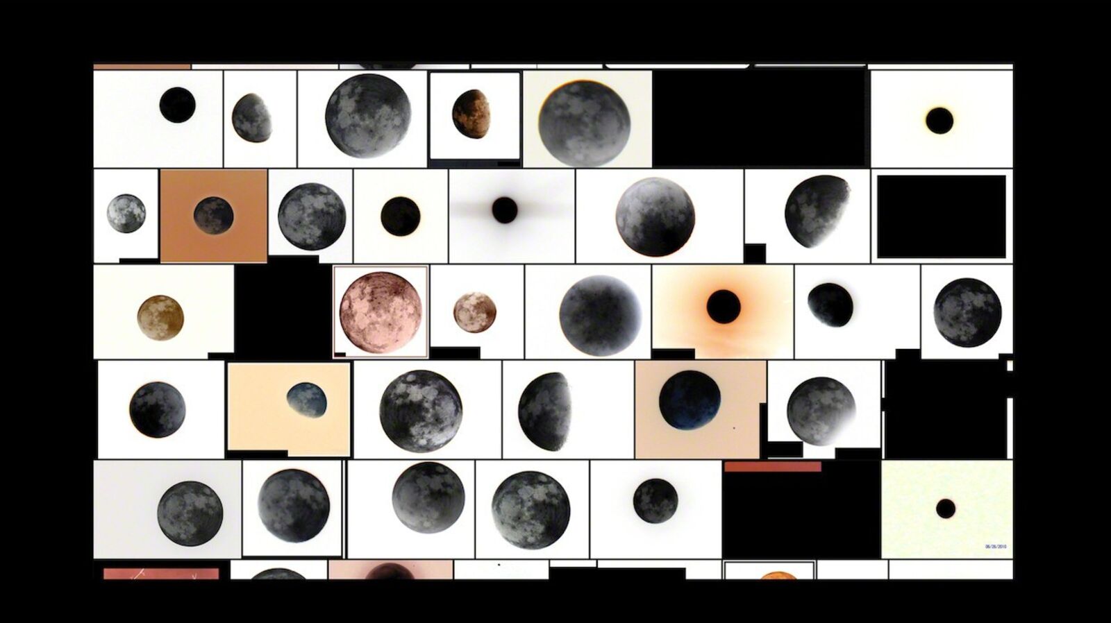A grid of twelve framed artworks featuring a mosaic of celestial bodies and abstract shapes.