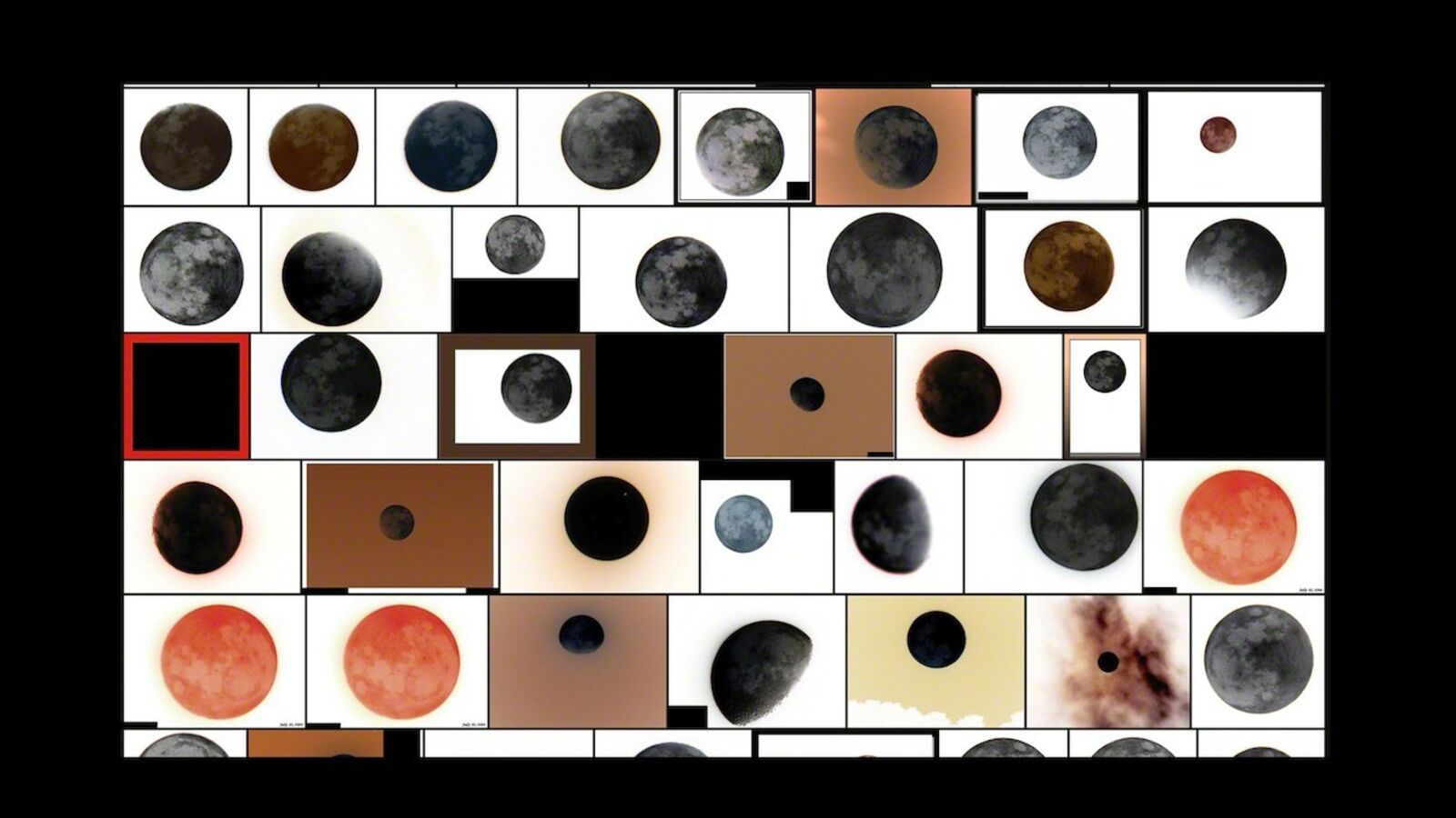 A grid of twelve framed artworks featuring a mosaic of celestial bodies and abstract shapes.