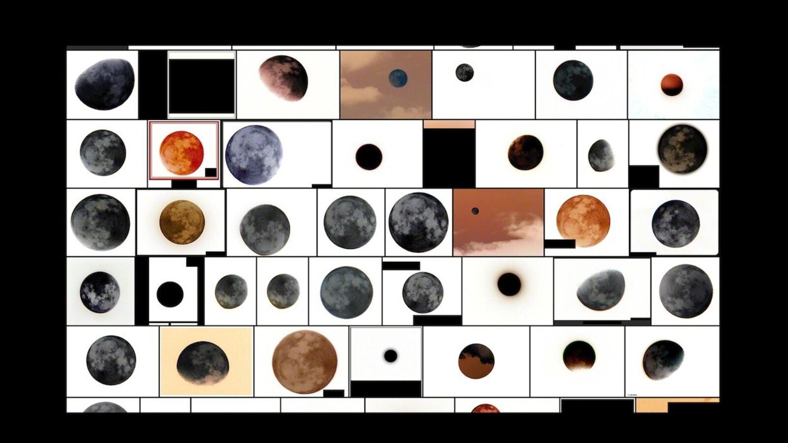 A grid of twelve framed artworks featuring a mosaic of celestial bodies and abstract shapes.