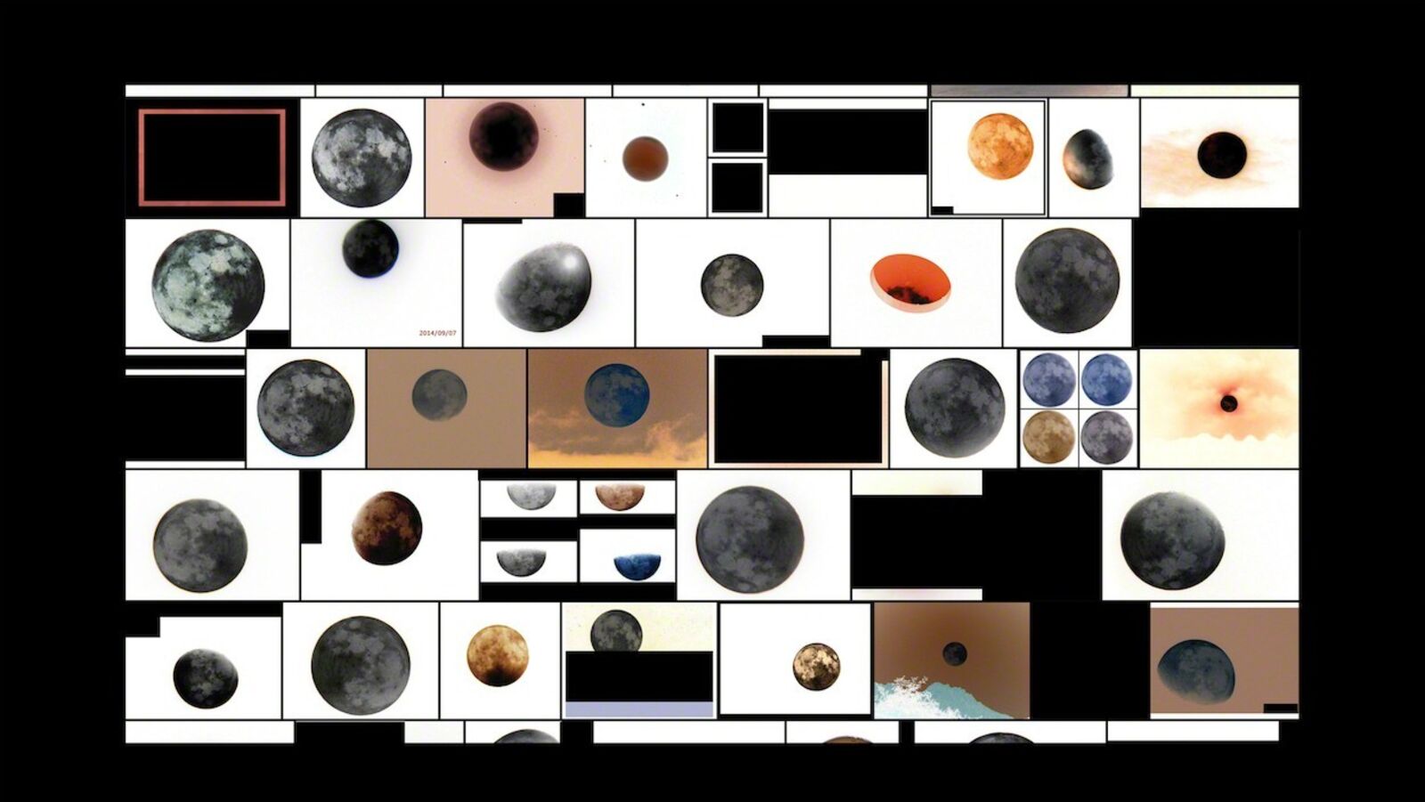 A grid of twelve framed artworks featuring a mosaic of celestial bodies and abstract shapes.