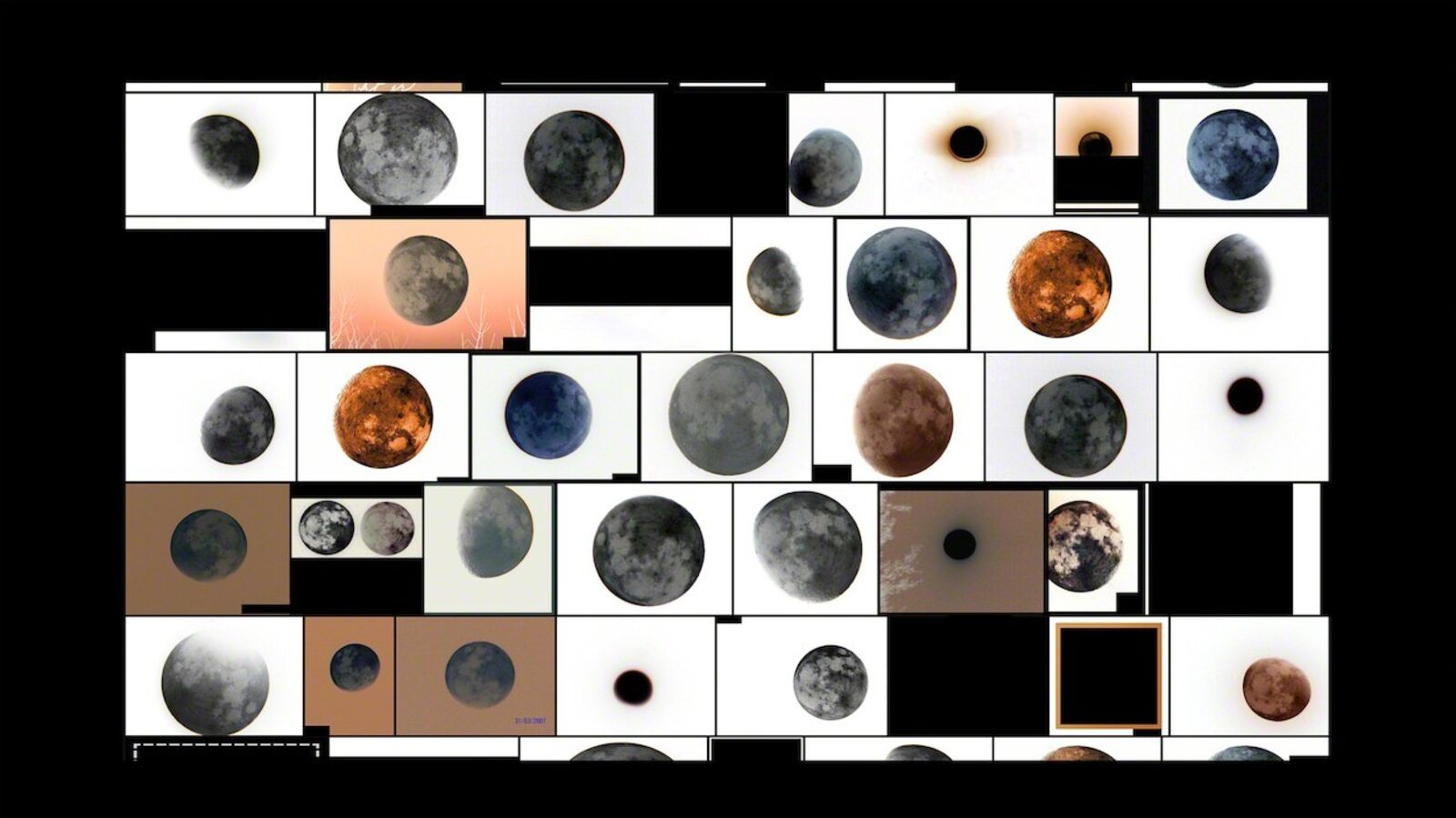 A grid of twelve framed artworks featuring a mosaic of celestial bodies and abstract shapes.